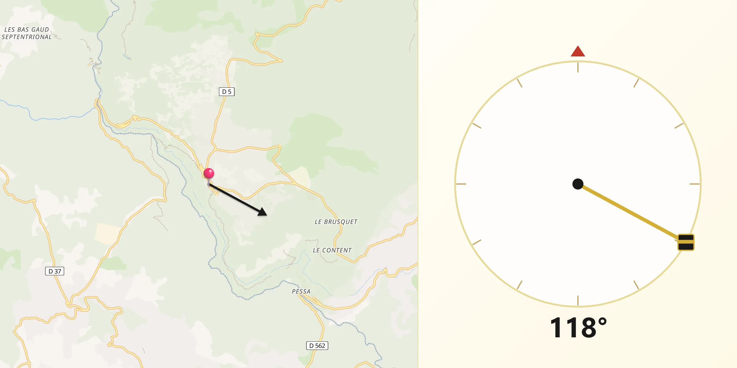 Direction vers la Qibla depuis Saint-Cézaire-sur-Siagne