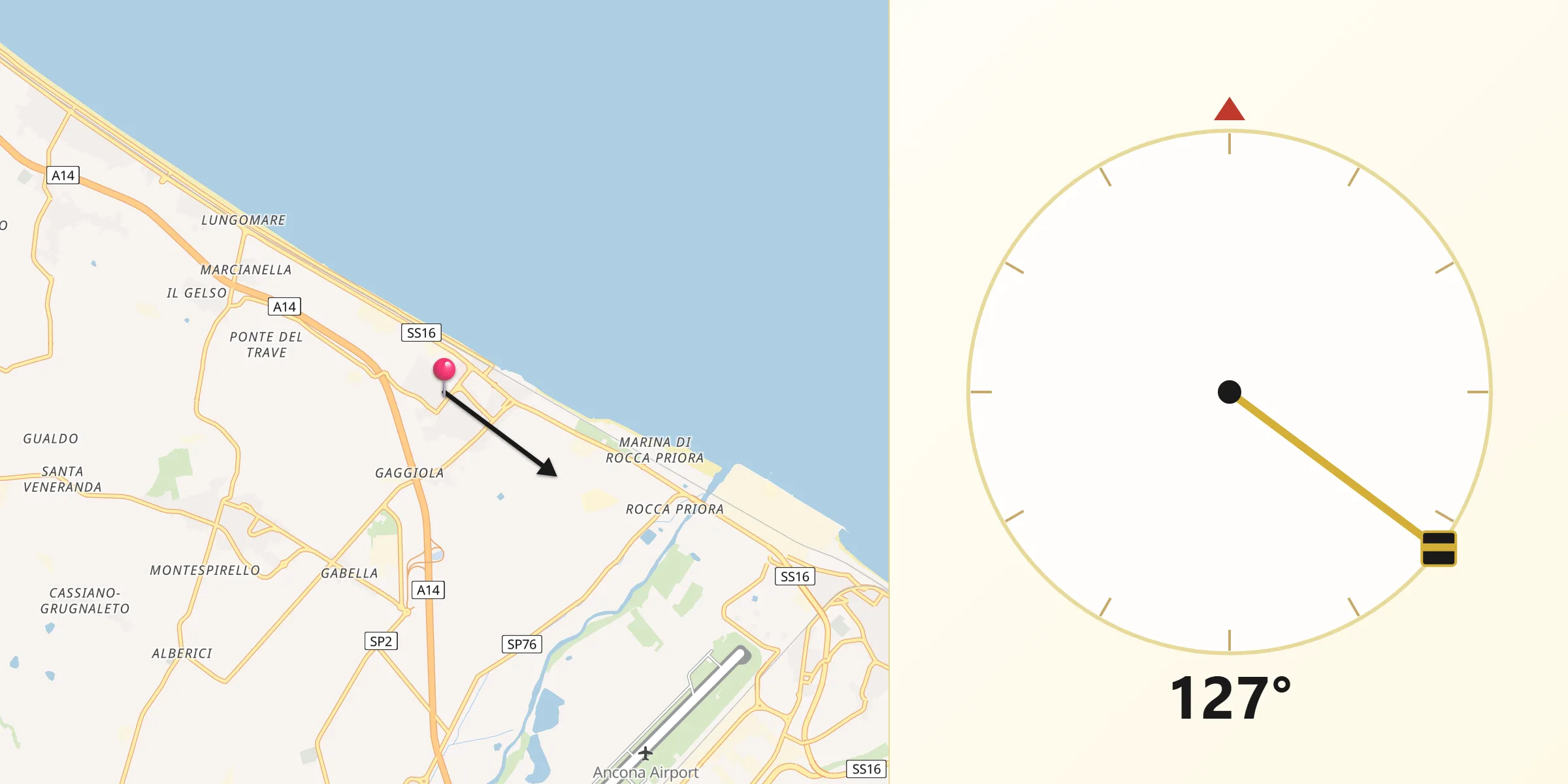 Direzione della Qibla da Marina di Montemarciano
