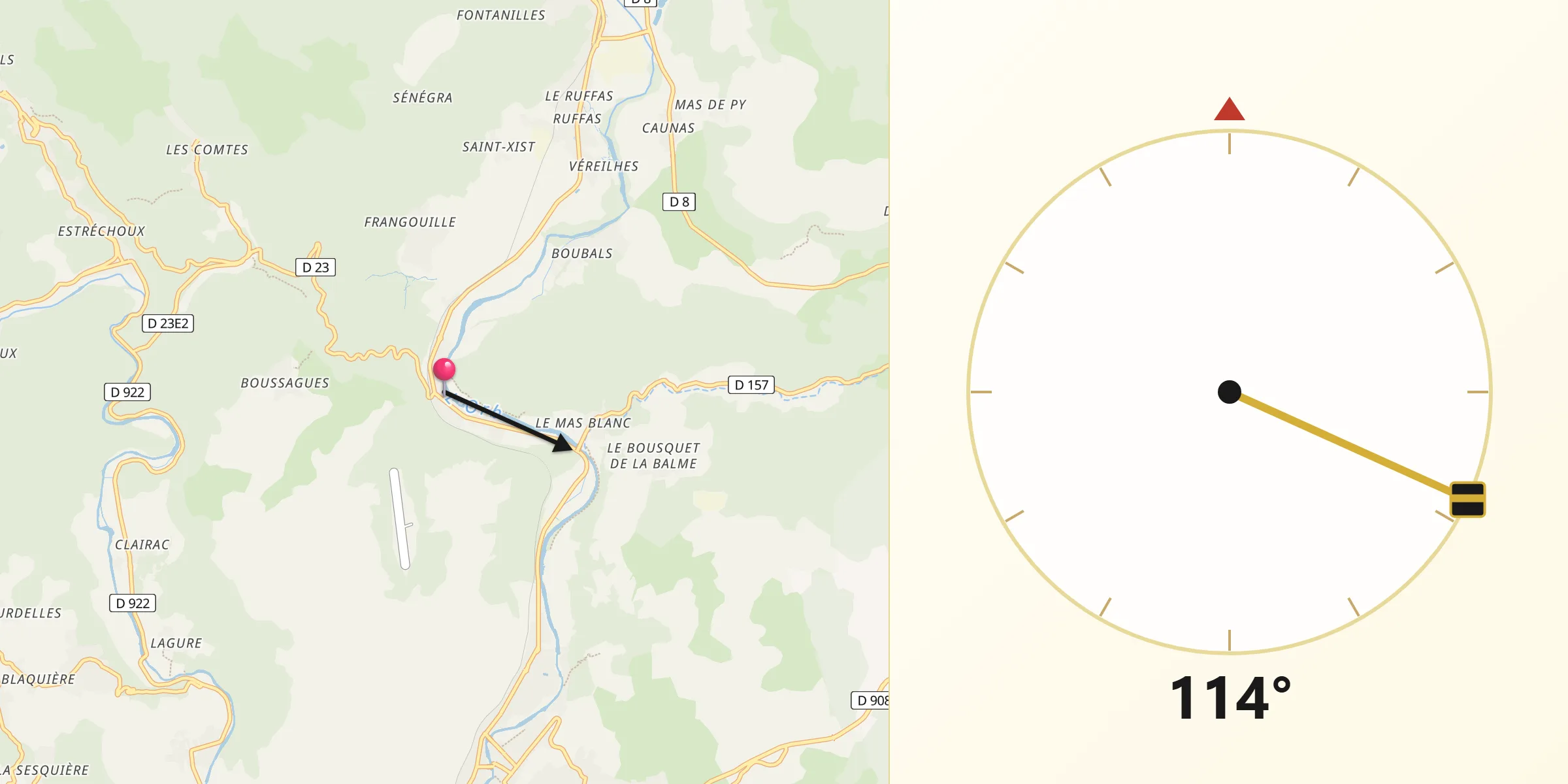 Direction vers la Qibla depuis La Tour-sur-Orb