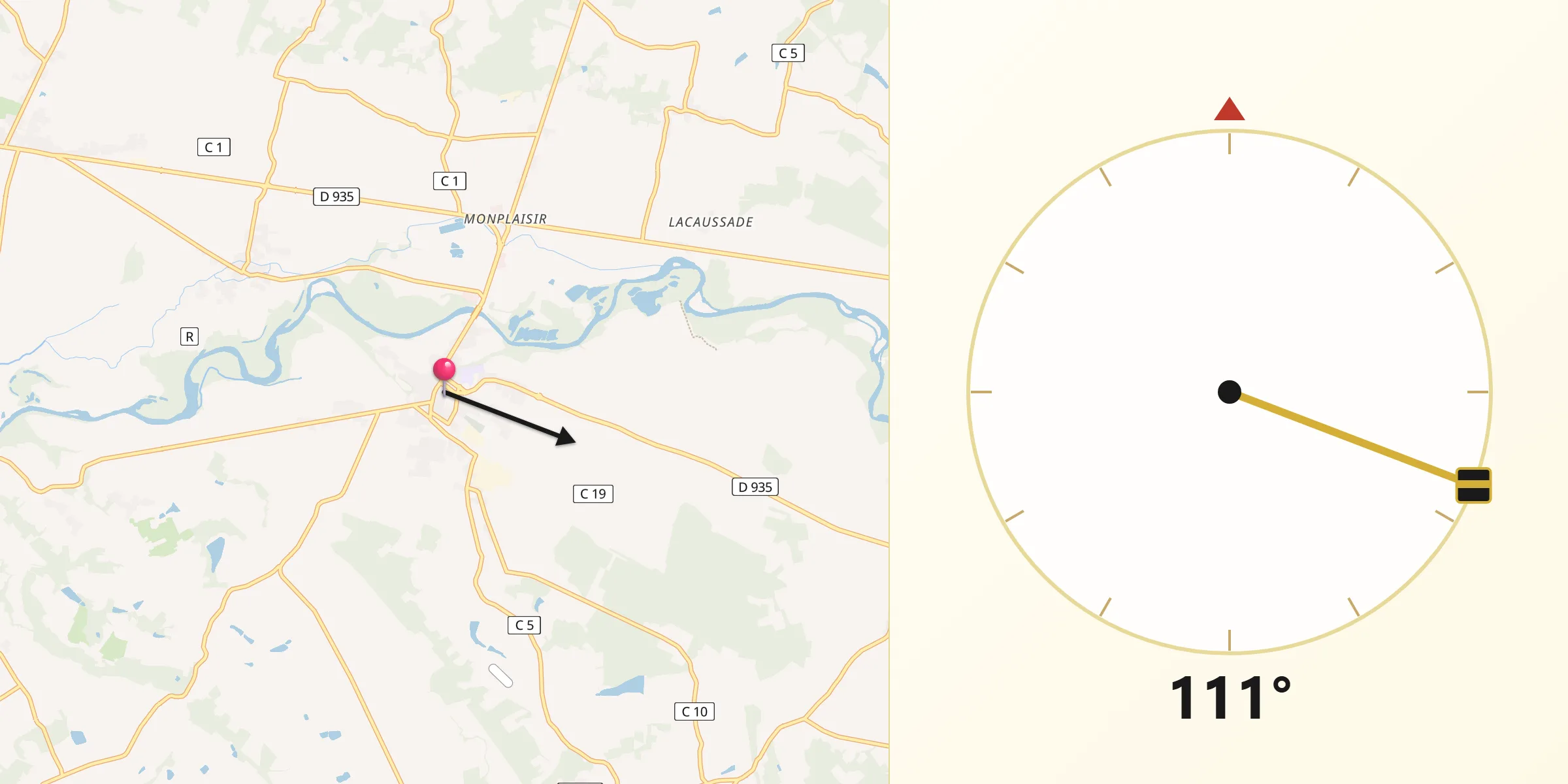 Direction vers la Qibla depuis Riscle