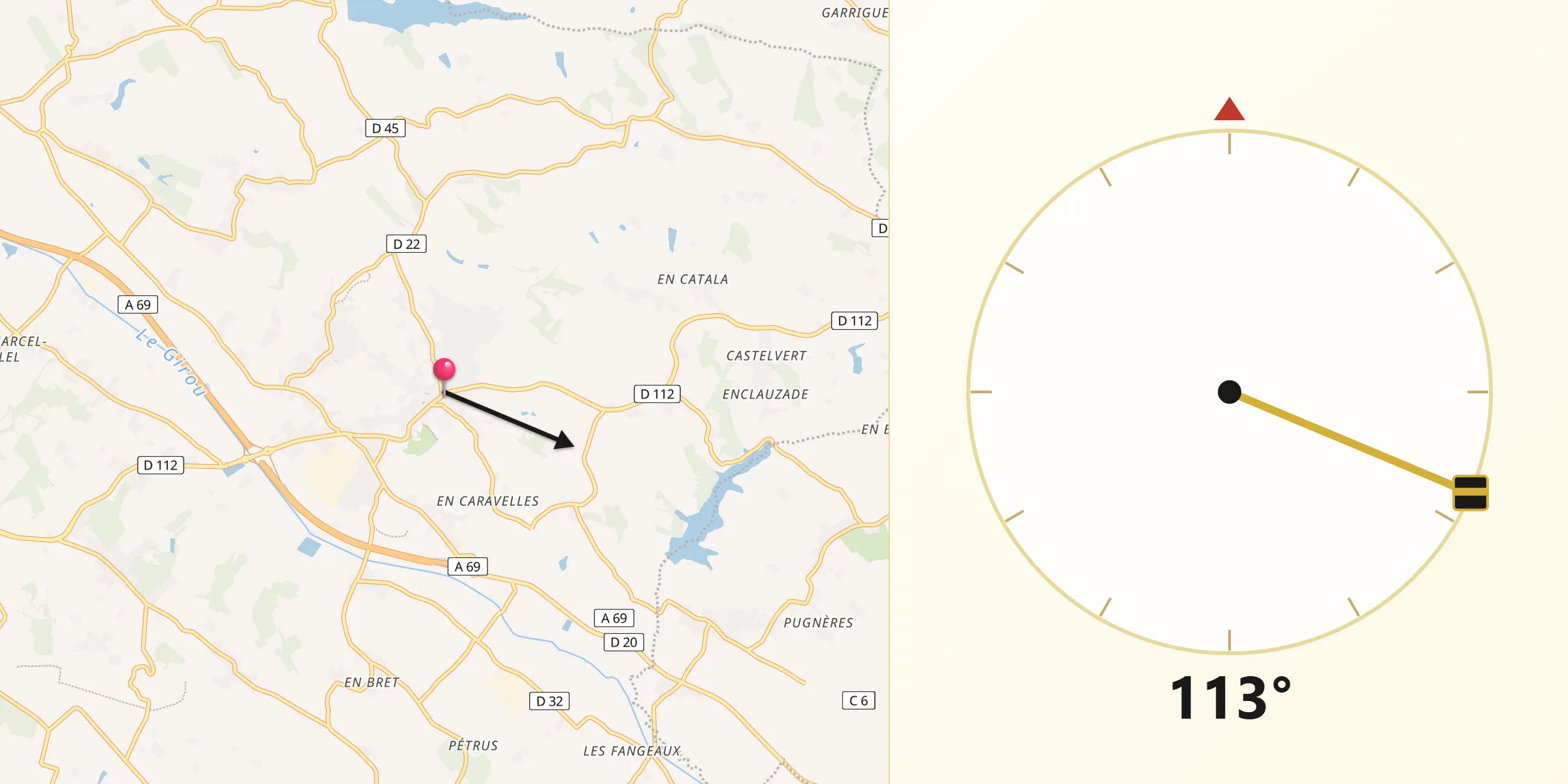 Direction vers la Qibla depuis Verfeil