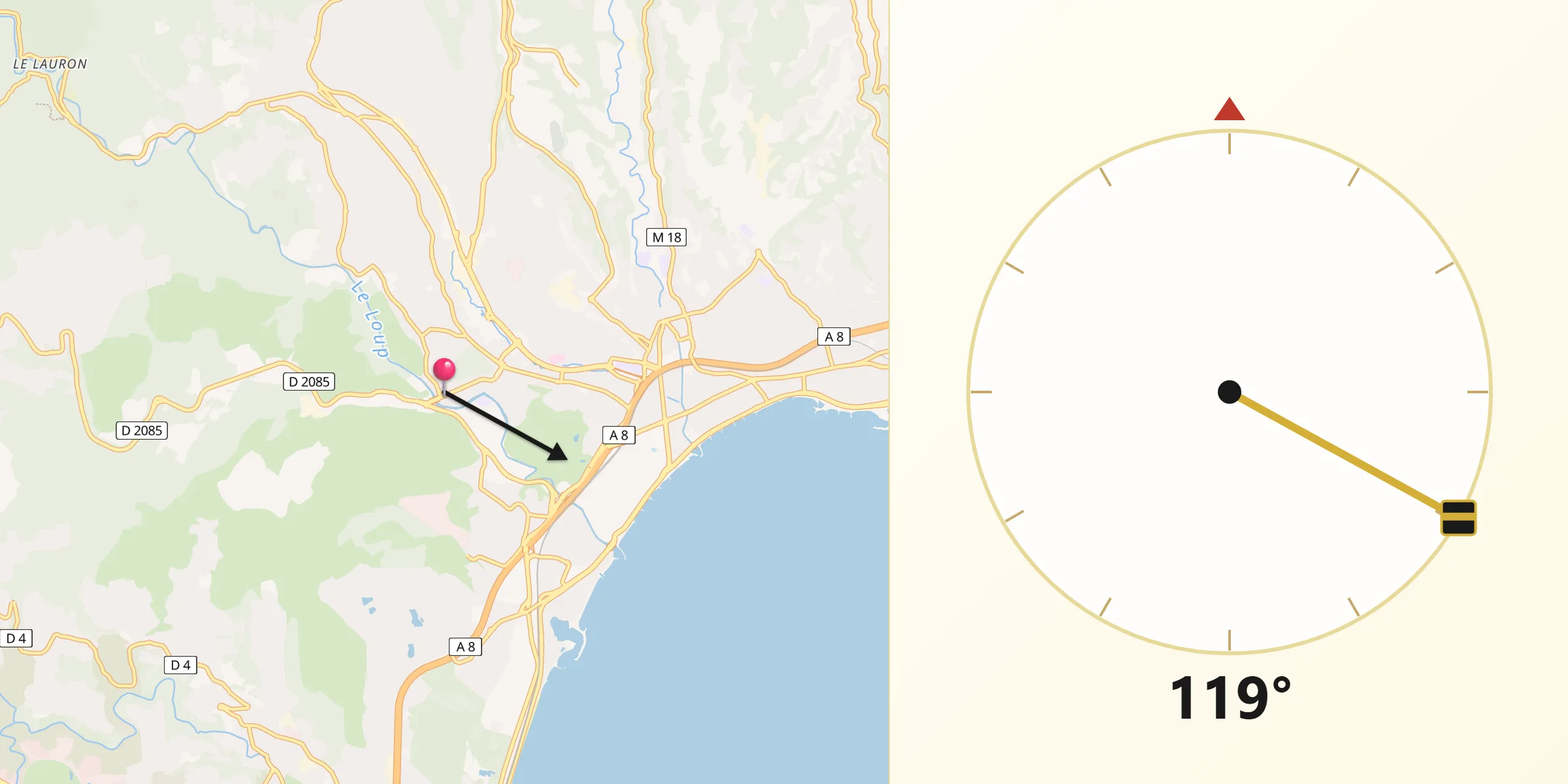 Direction vers la Qibla depuis Villeneuve-Loubet