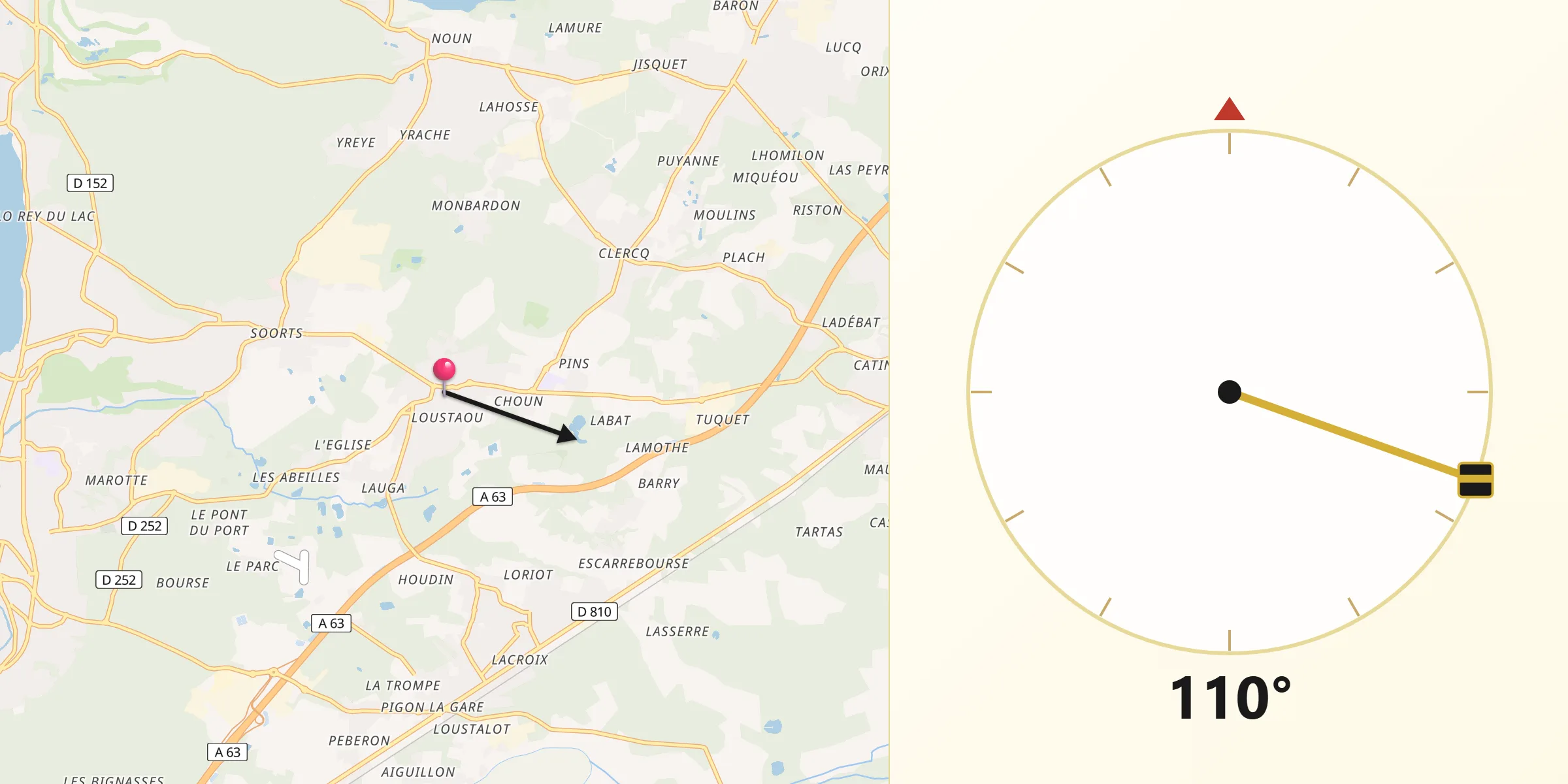 Direction vers la Qibla depuis Angresse