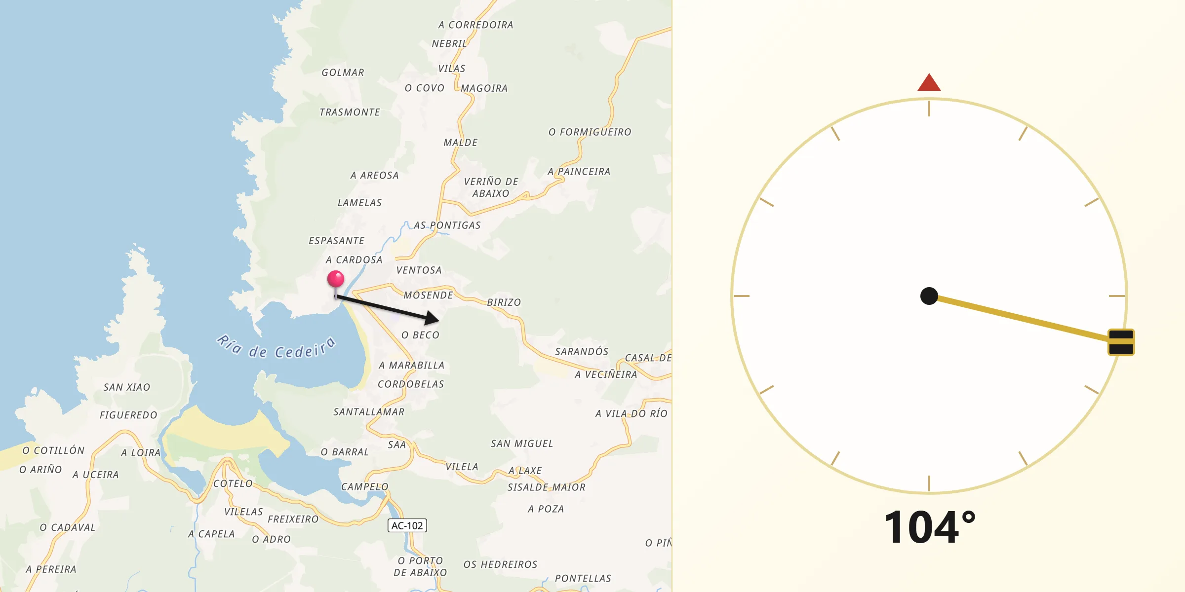 Dirección de la Qibla desde Cedeira