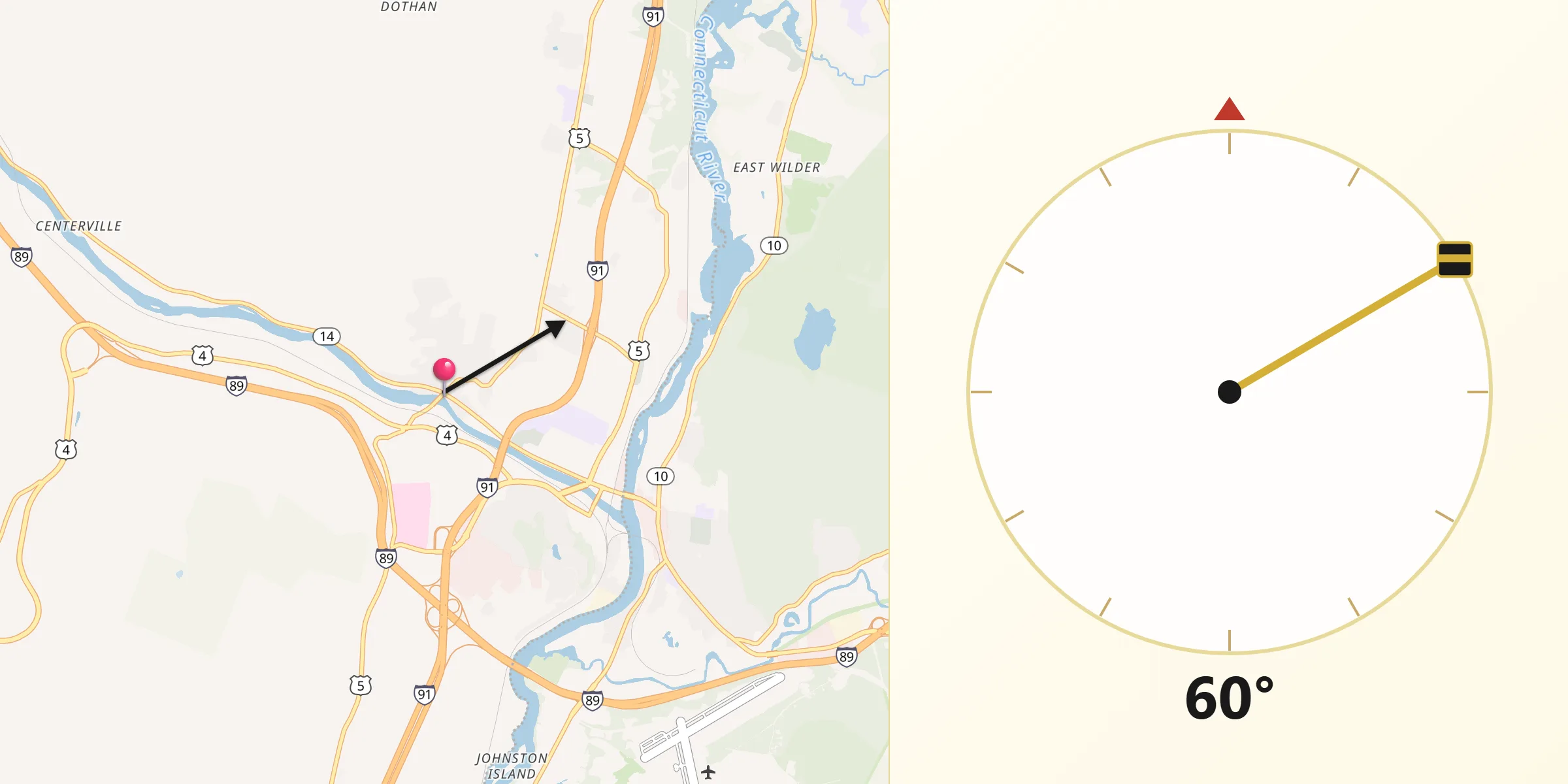 Dirección de la Qibla desde Hartford
