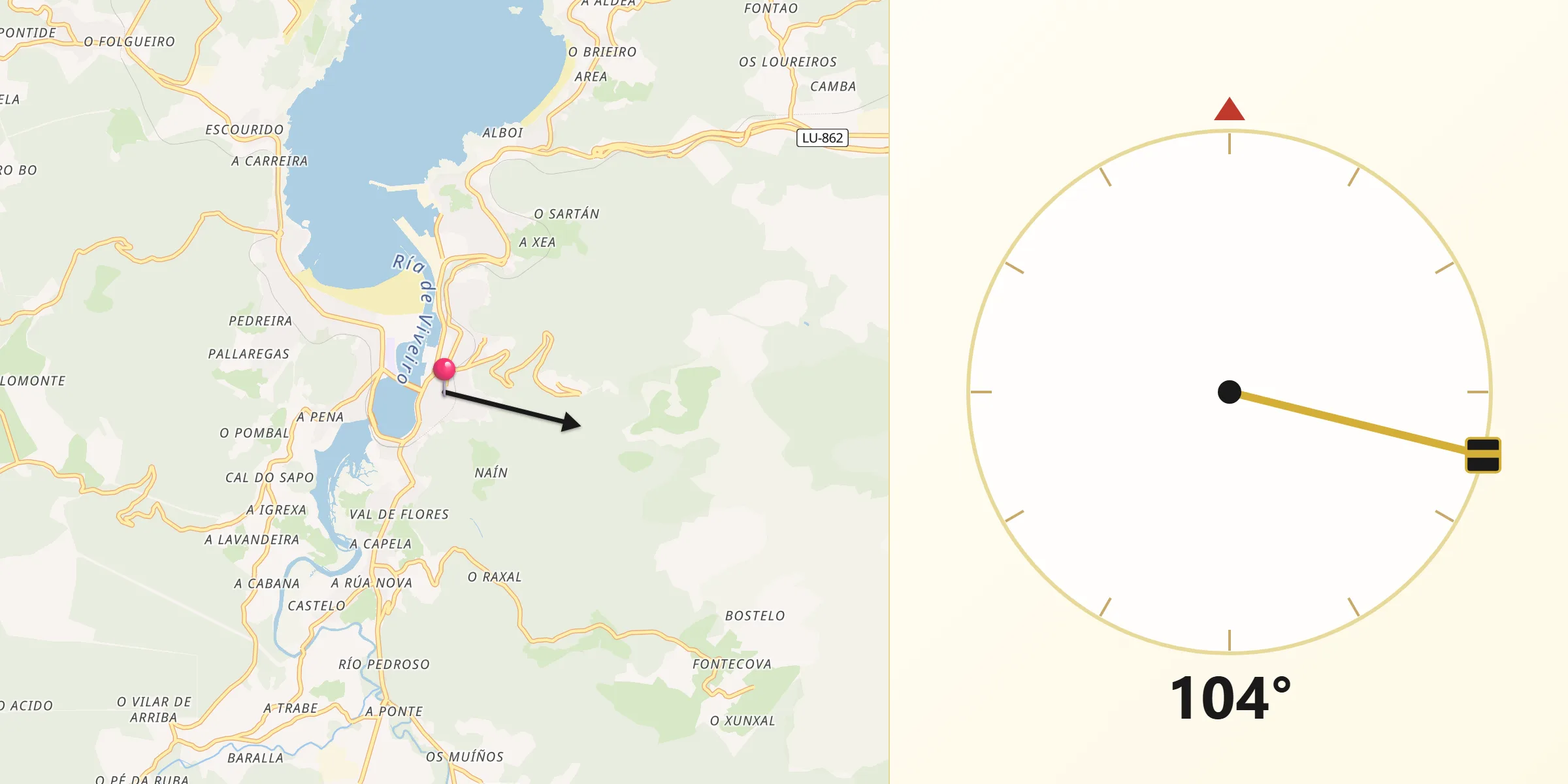 Dirección de la Qibla desde Viveiro