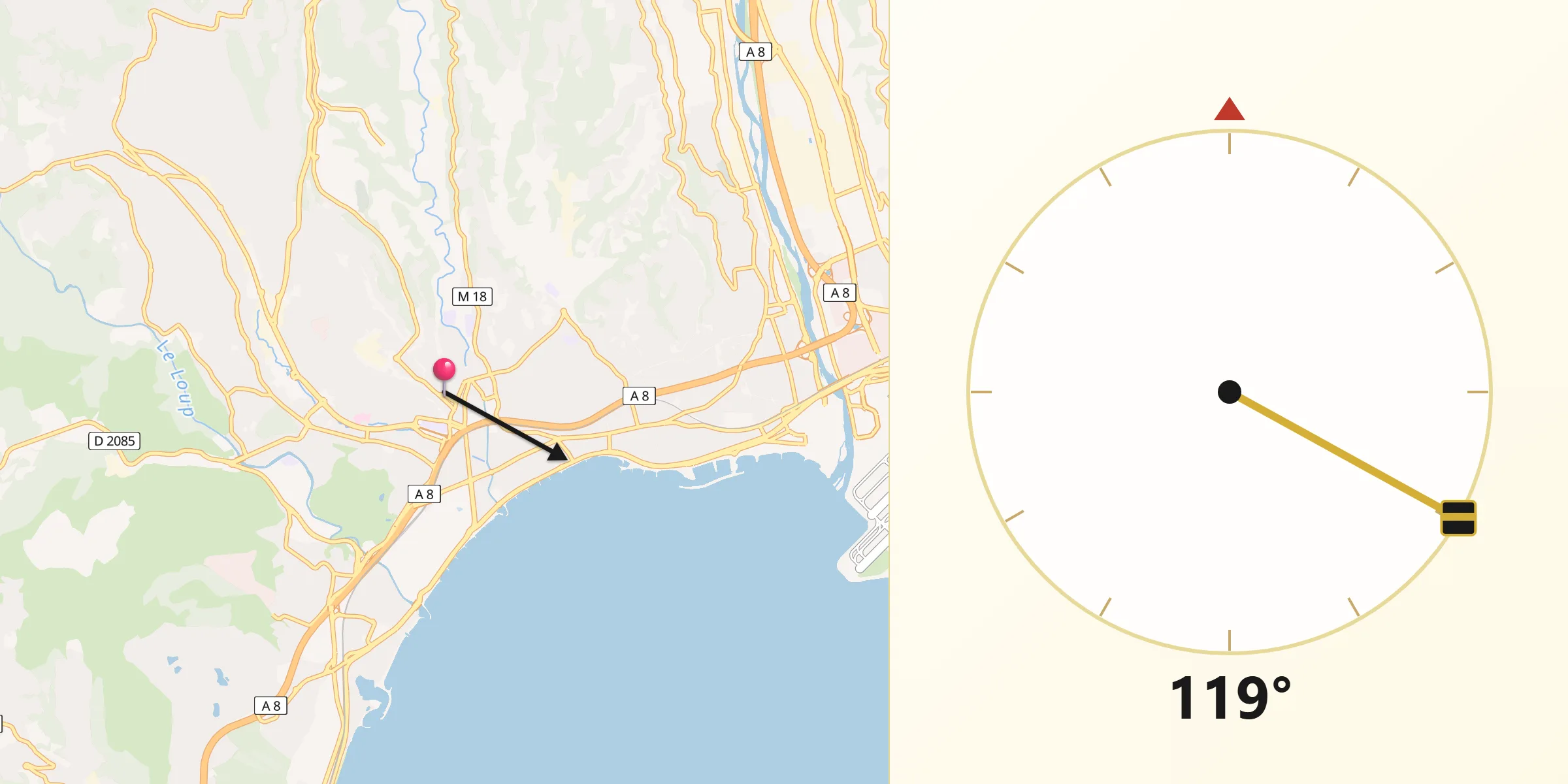 Direction vers la Qibla depuis Cagnes-sur-Mer