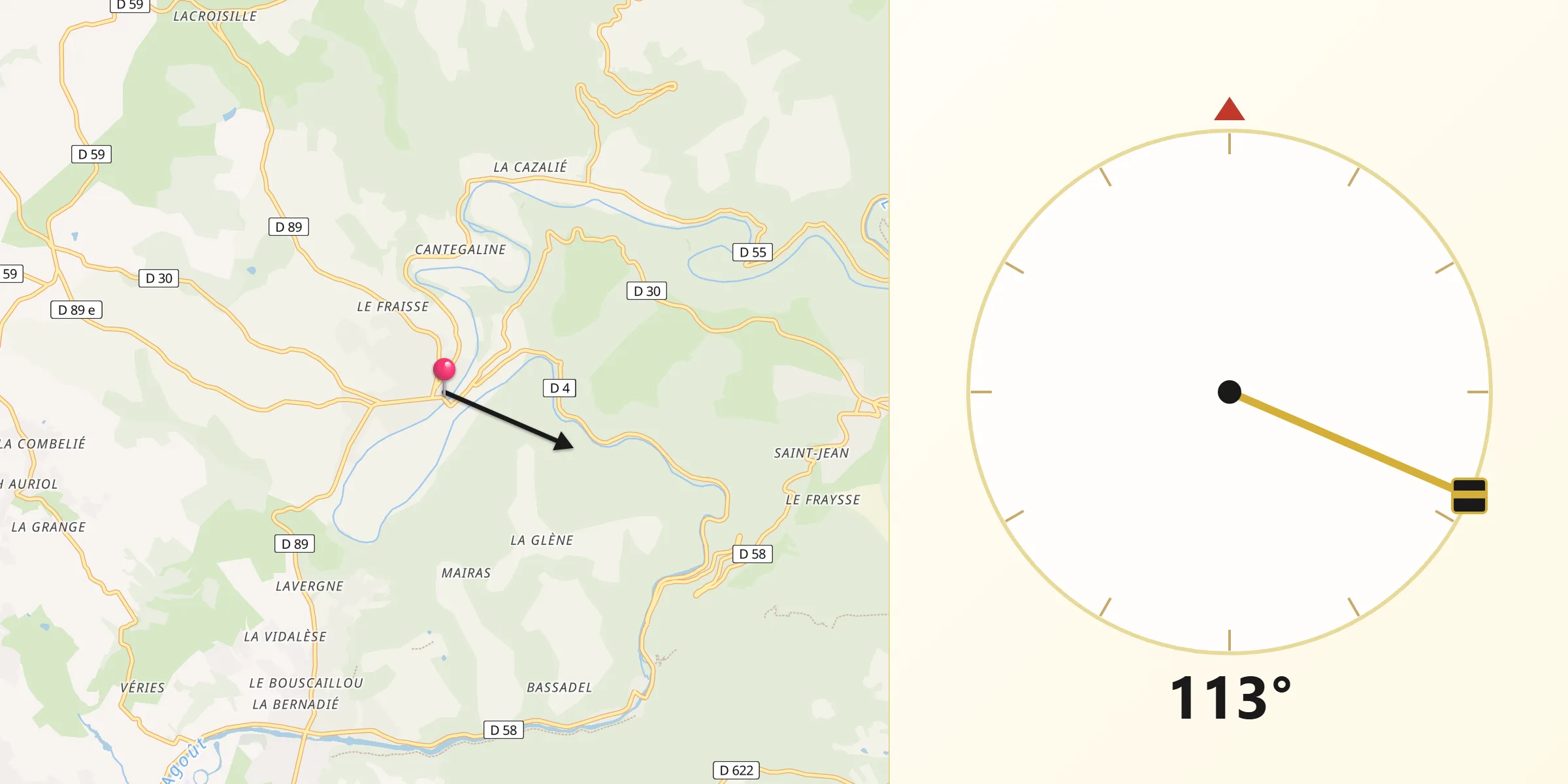 Direction vers la Qibla depuis Roquecourbe