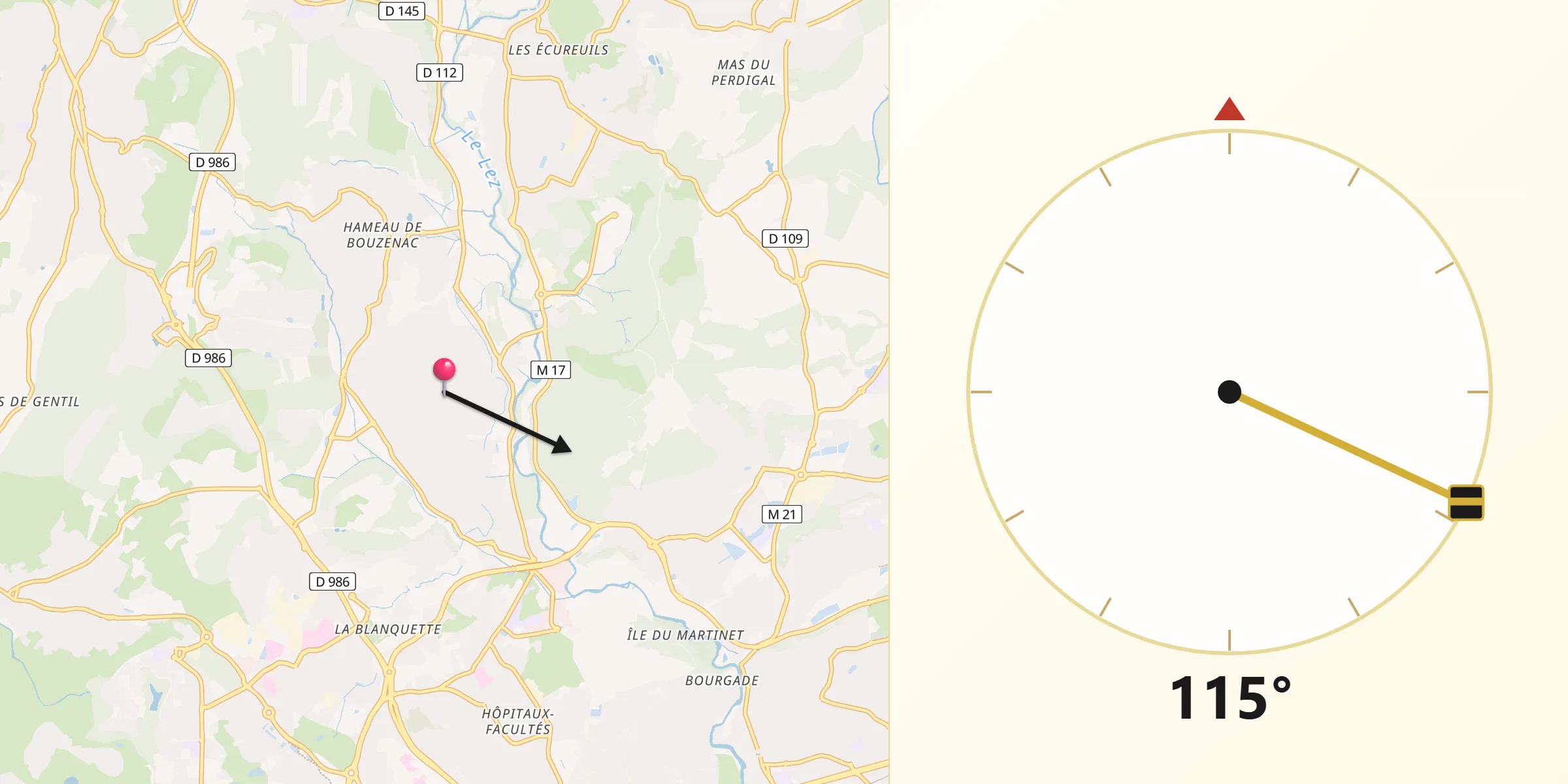 Direction vers la Qibla depuis Montferrier-sur-Lez