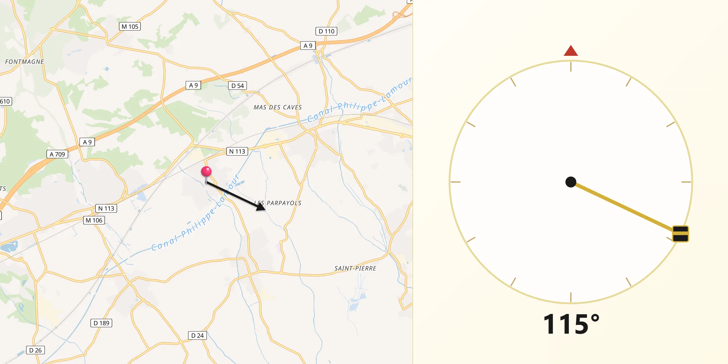 Direction vers la Qibla depuis Valergues