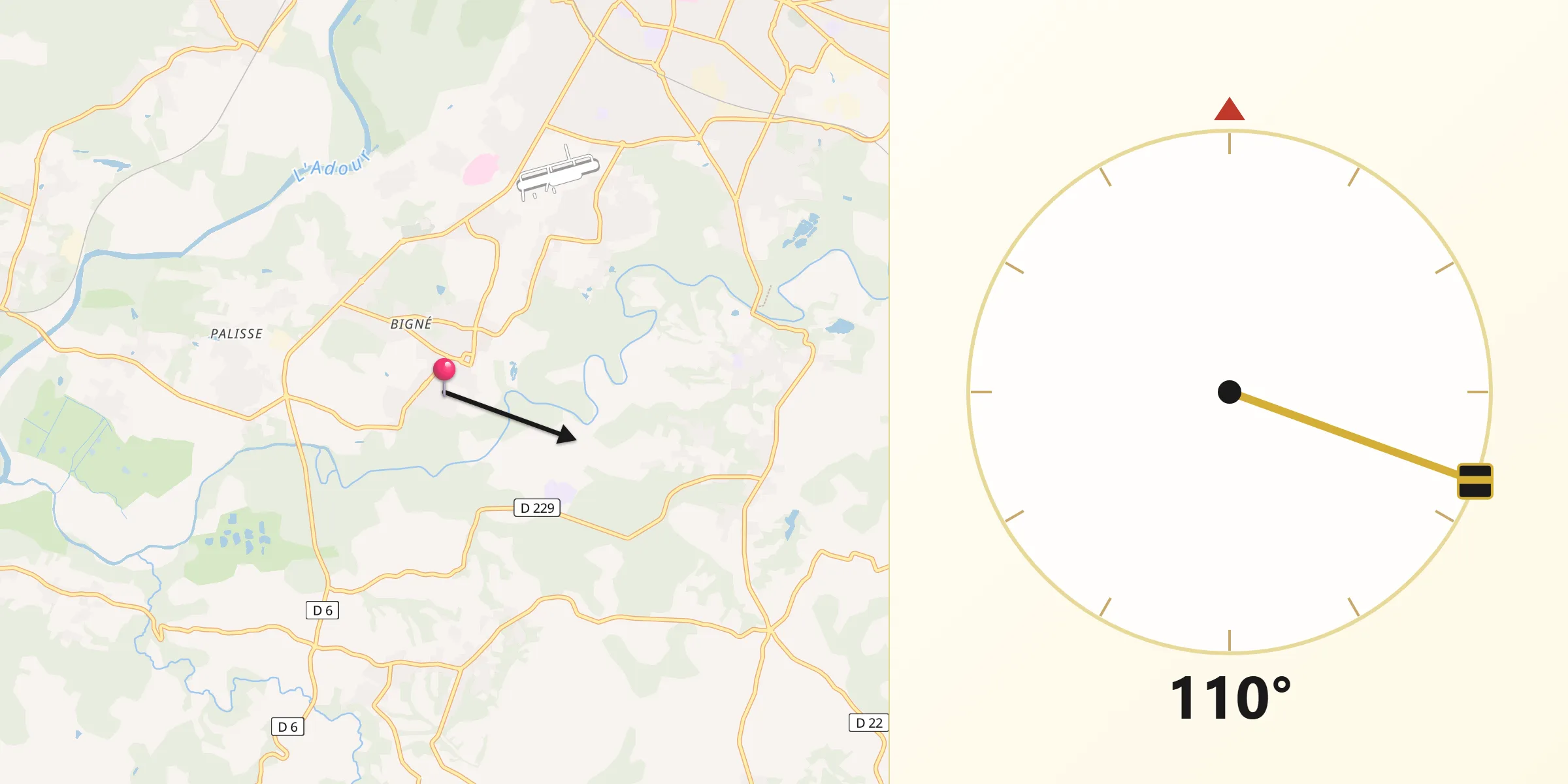 Direction vers la Qibla depuis Oeyreluy