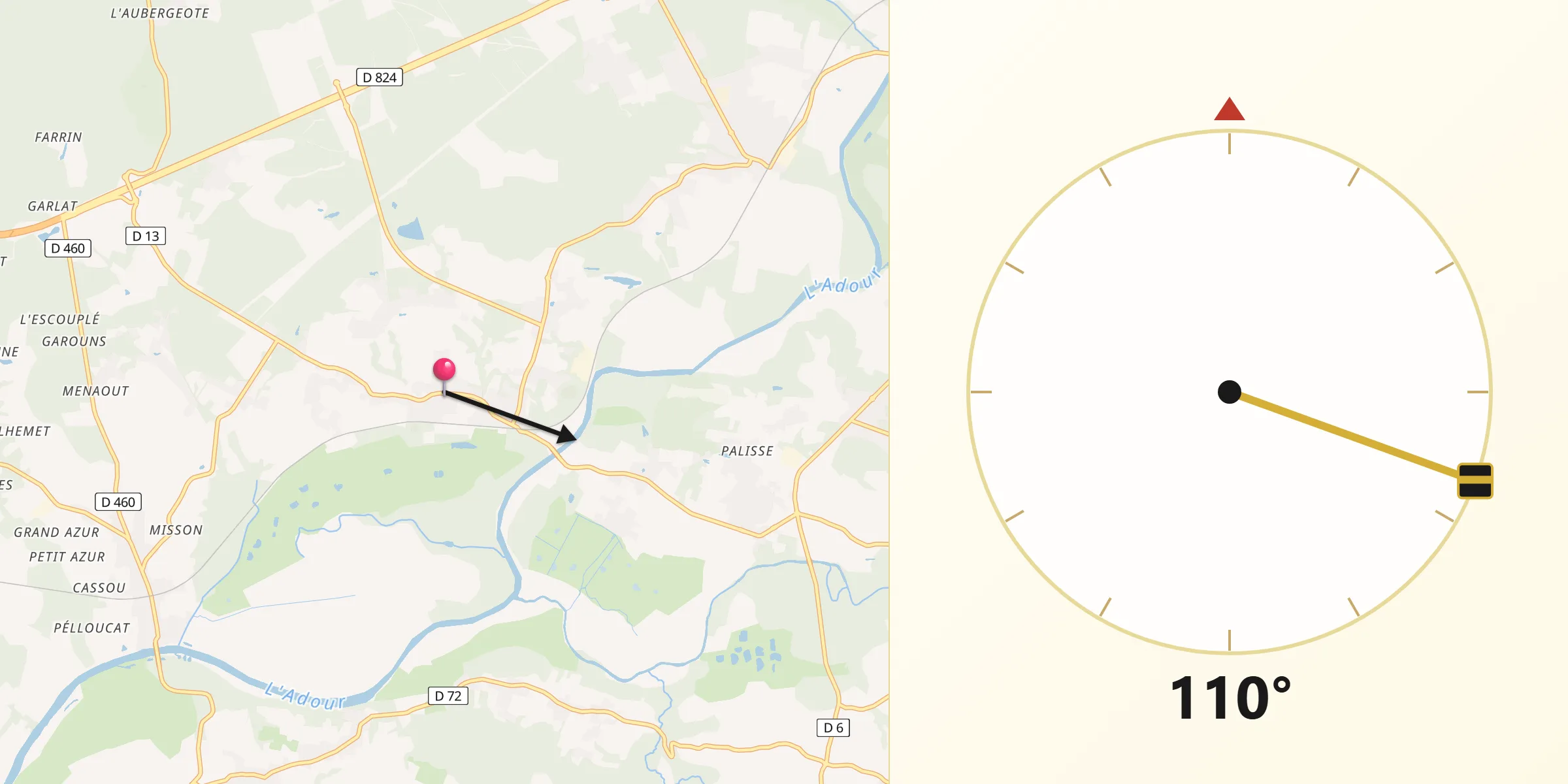 Direction vers la Qibla depuis Rivière-Saas-et-Gourby