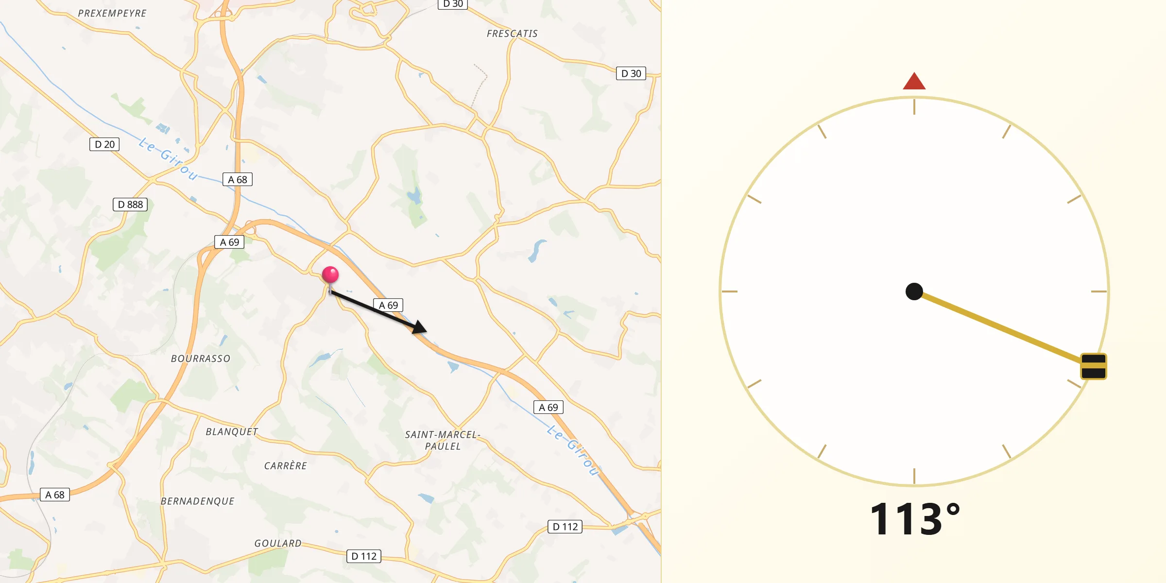 Direction vers la Qibla depuis Gragnague