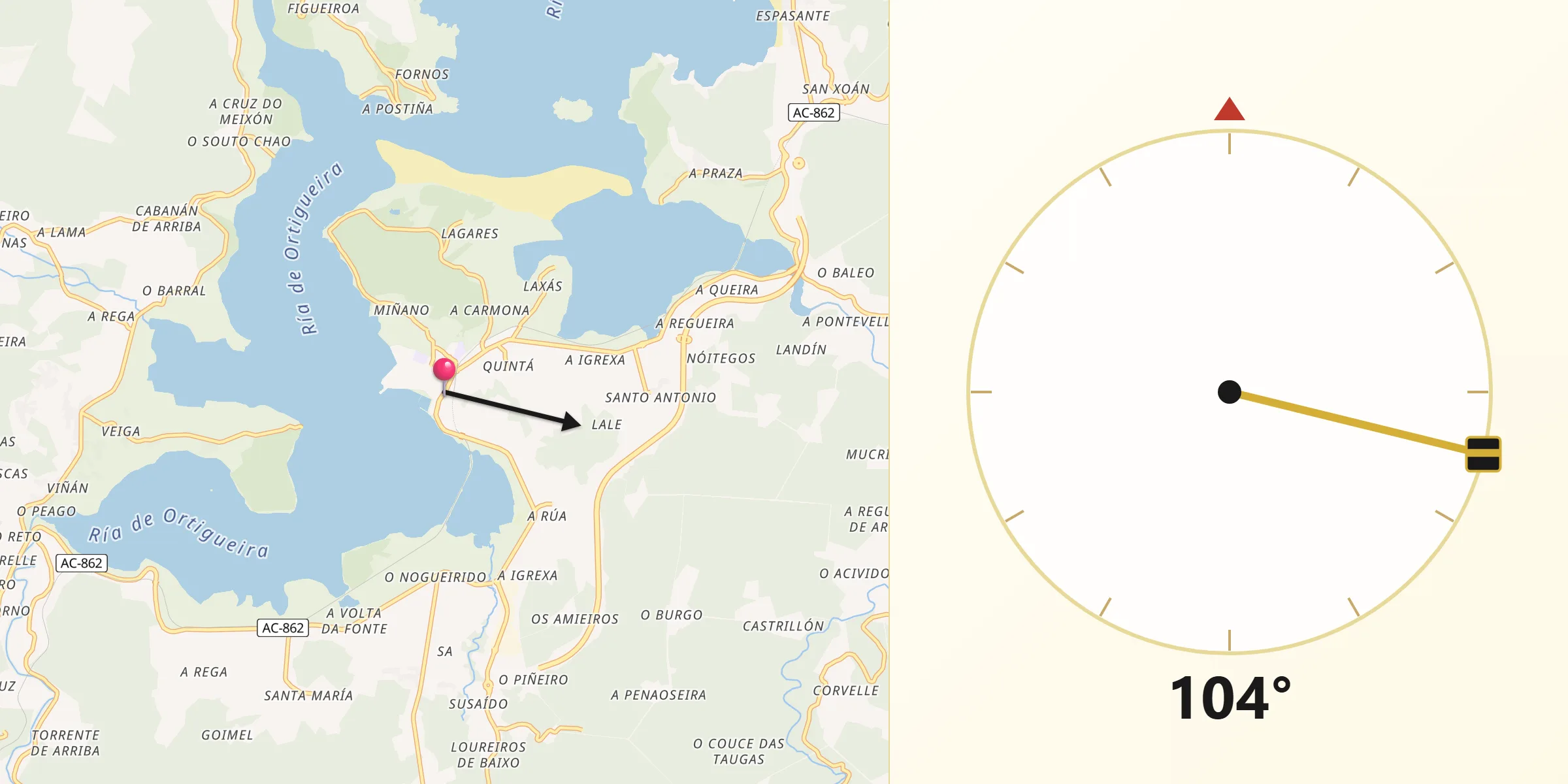 Dirección de la Qibla desde Ortigueira