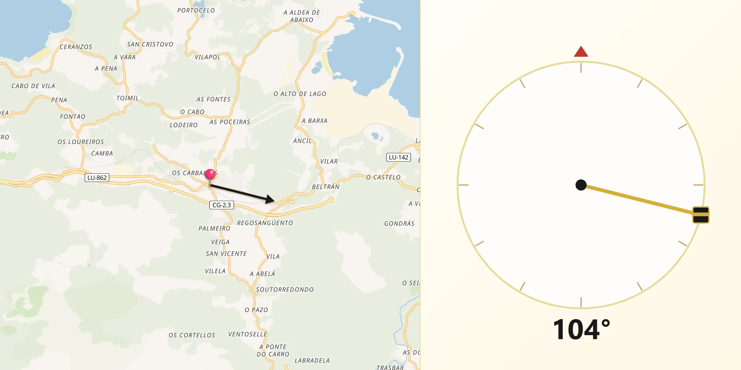 Dirección de la Qibla desde Xove