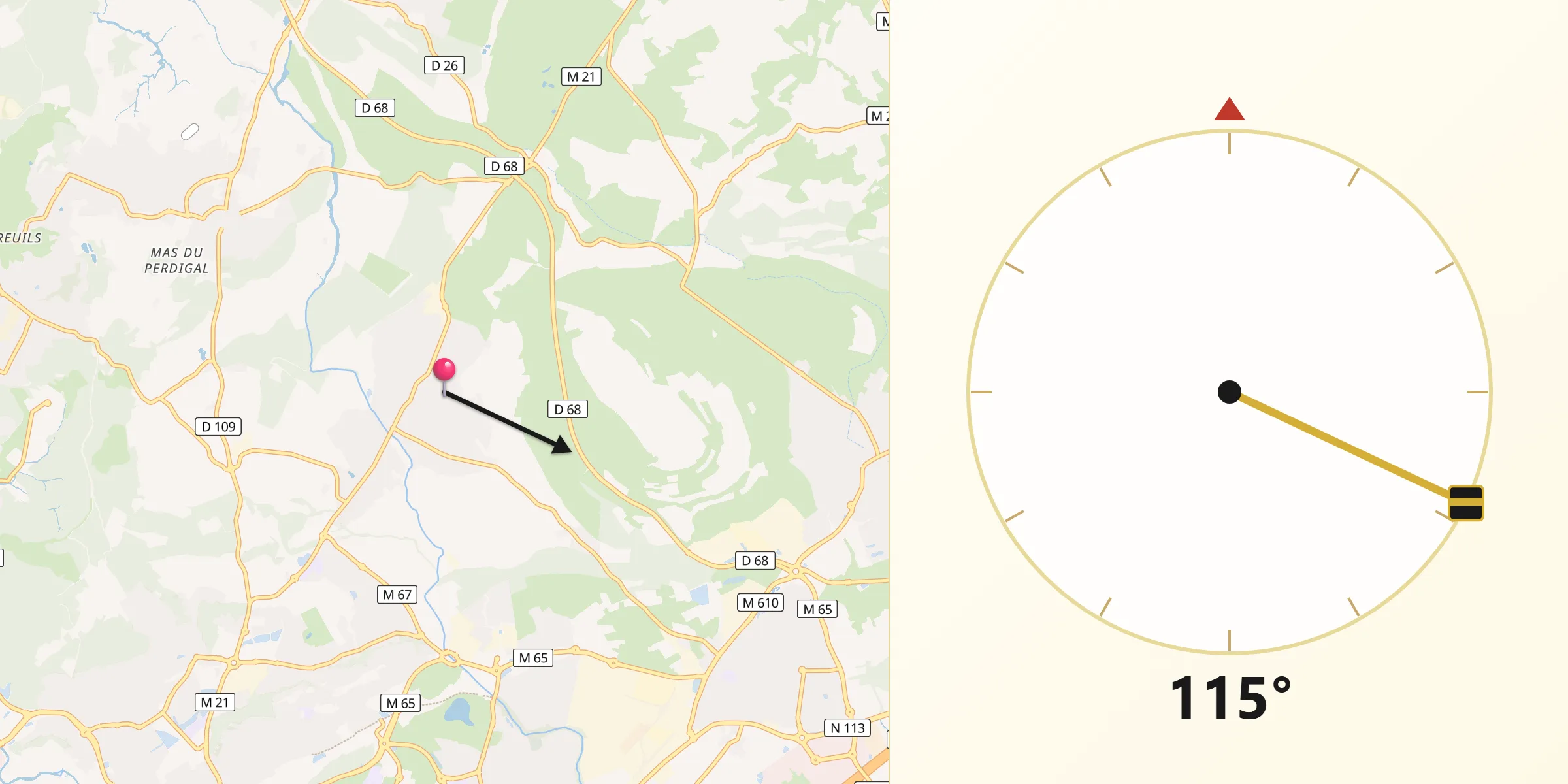 Direction vers la Qibla depuis Teyran