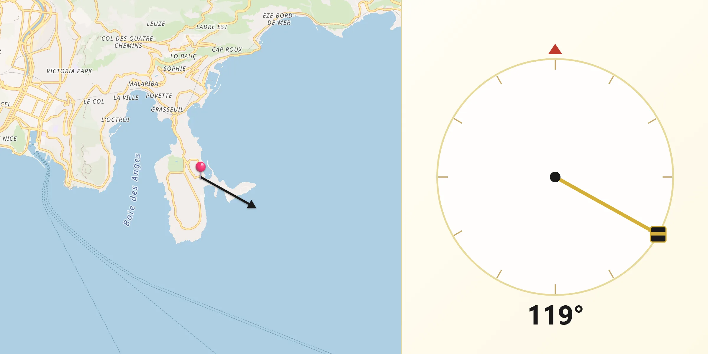 Direction vers la Qibla depuis Saint-Jean-Cap-Ferrat