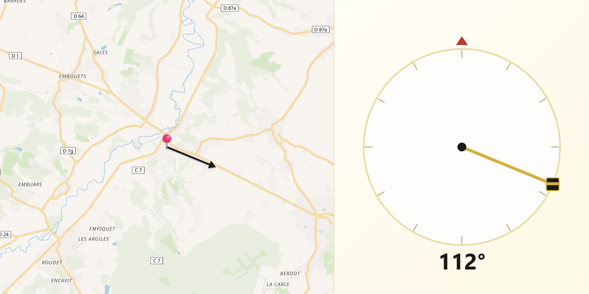 Direction vers la Qibla depuis Montaigut-sur-Save