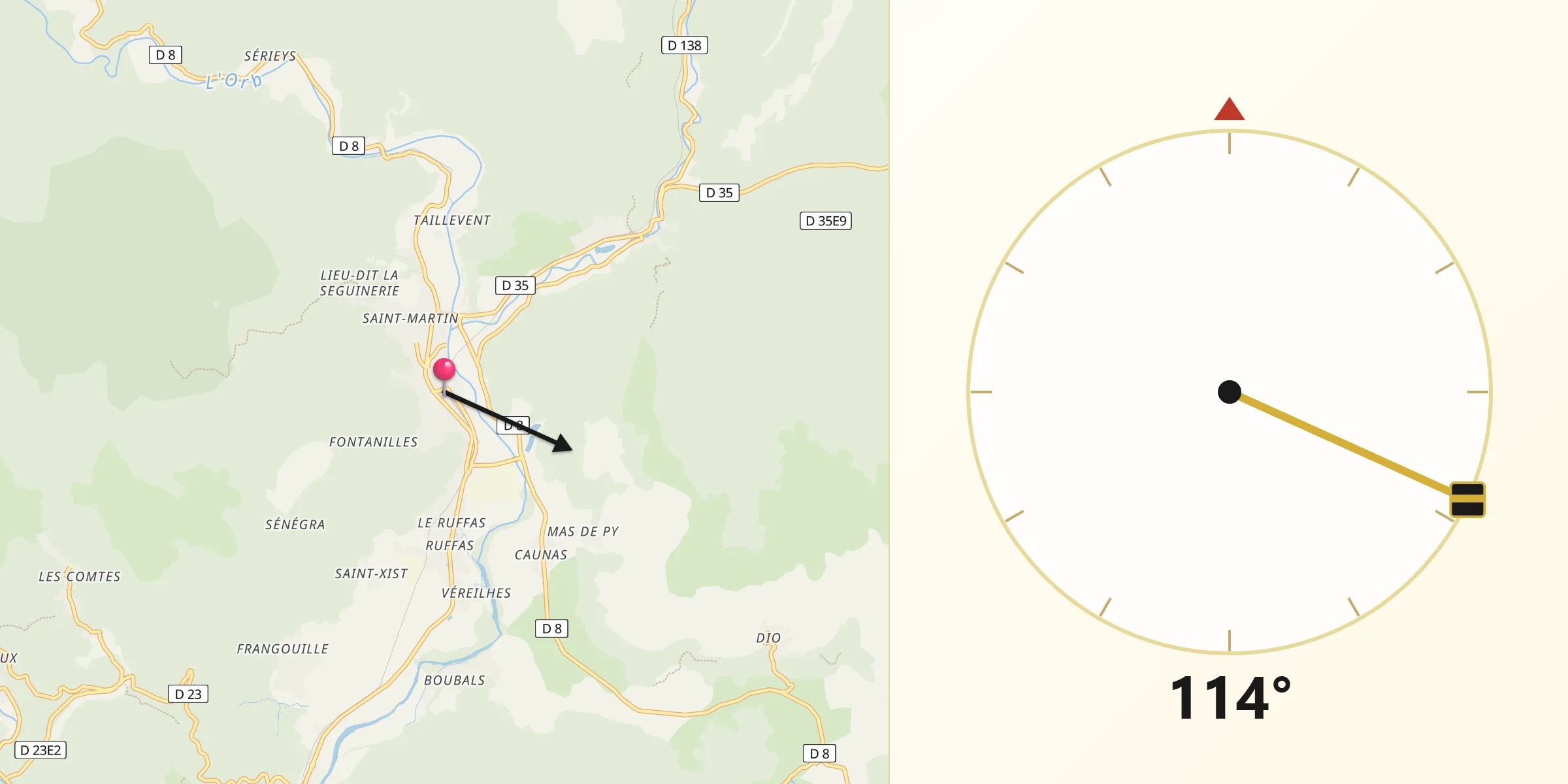 Direction vers la Qibla depuis Le Bousquet-d’Orb