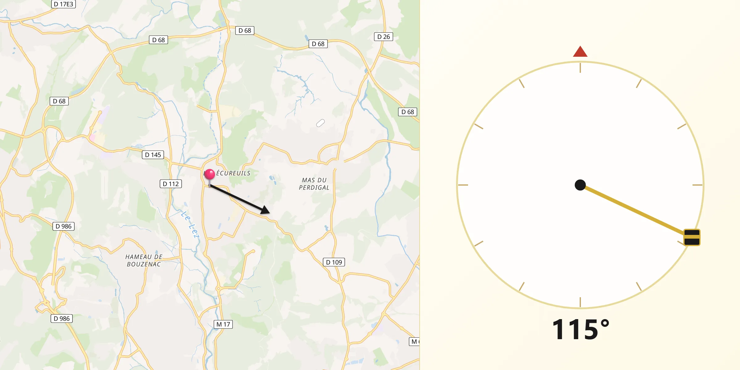 Direction vers la Qibla depuis Prades-le-Lez