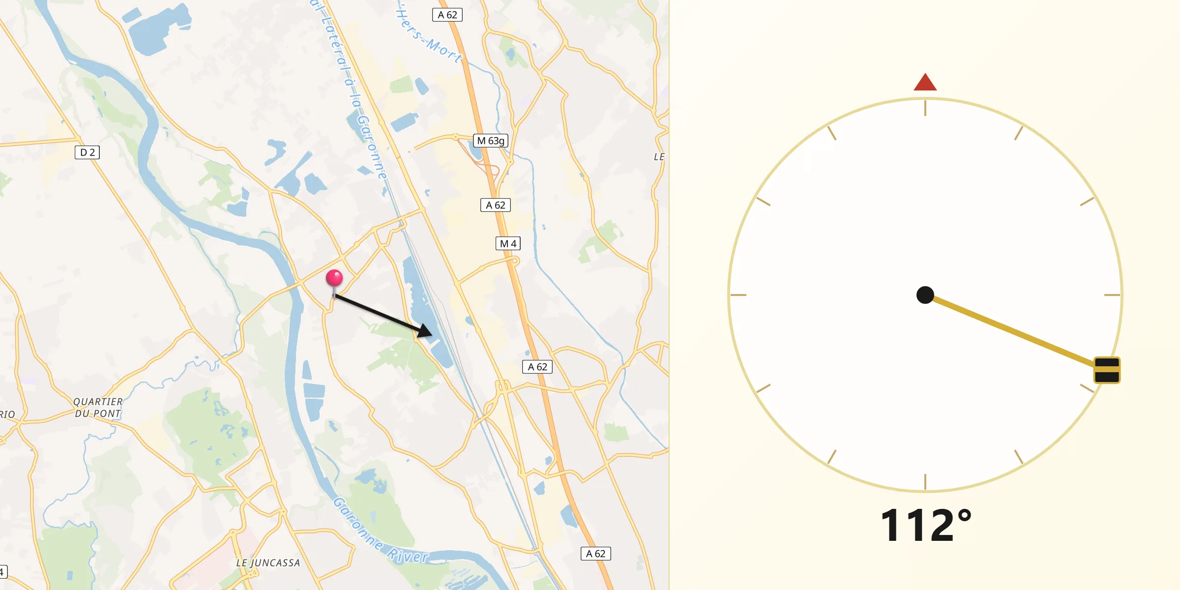 Direction vers la Qibla depuis Gagnac-sur-Garonne