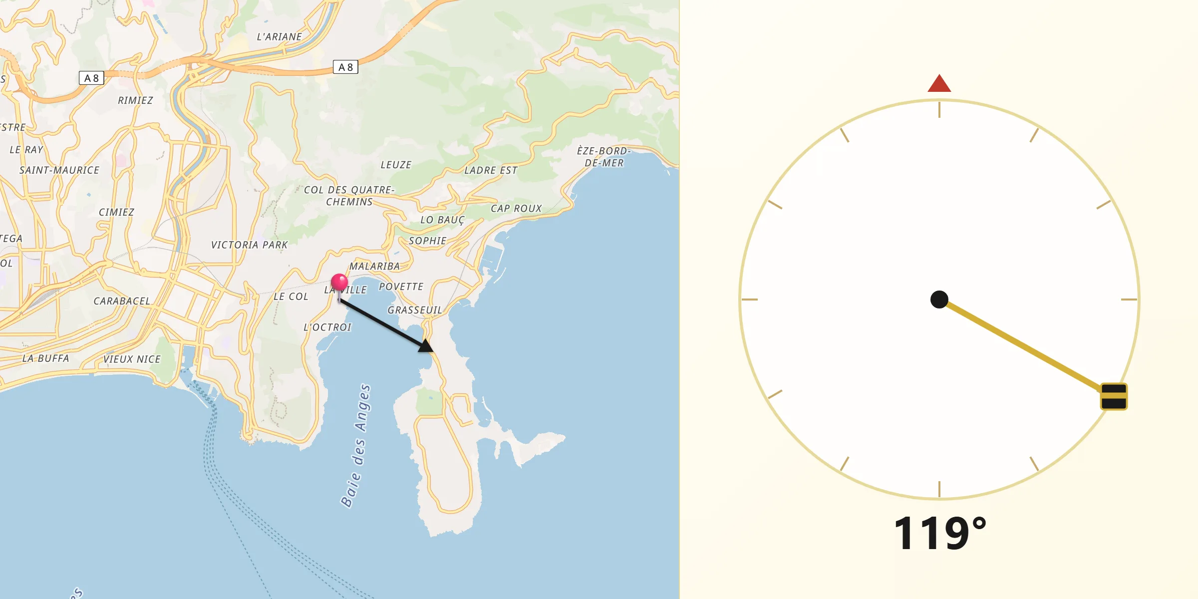 Direction vers la Qibla depuis Villefranche-sur-Mer