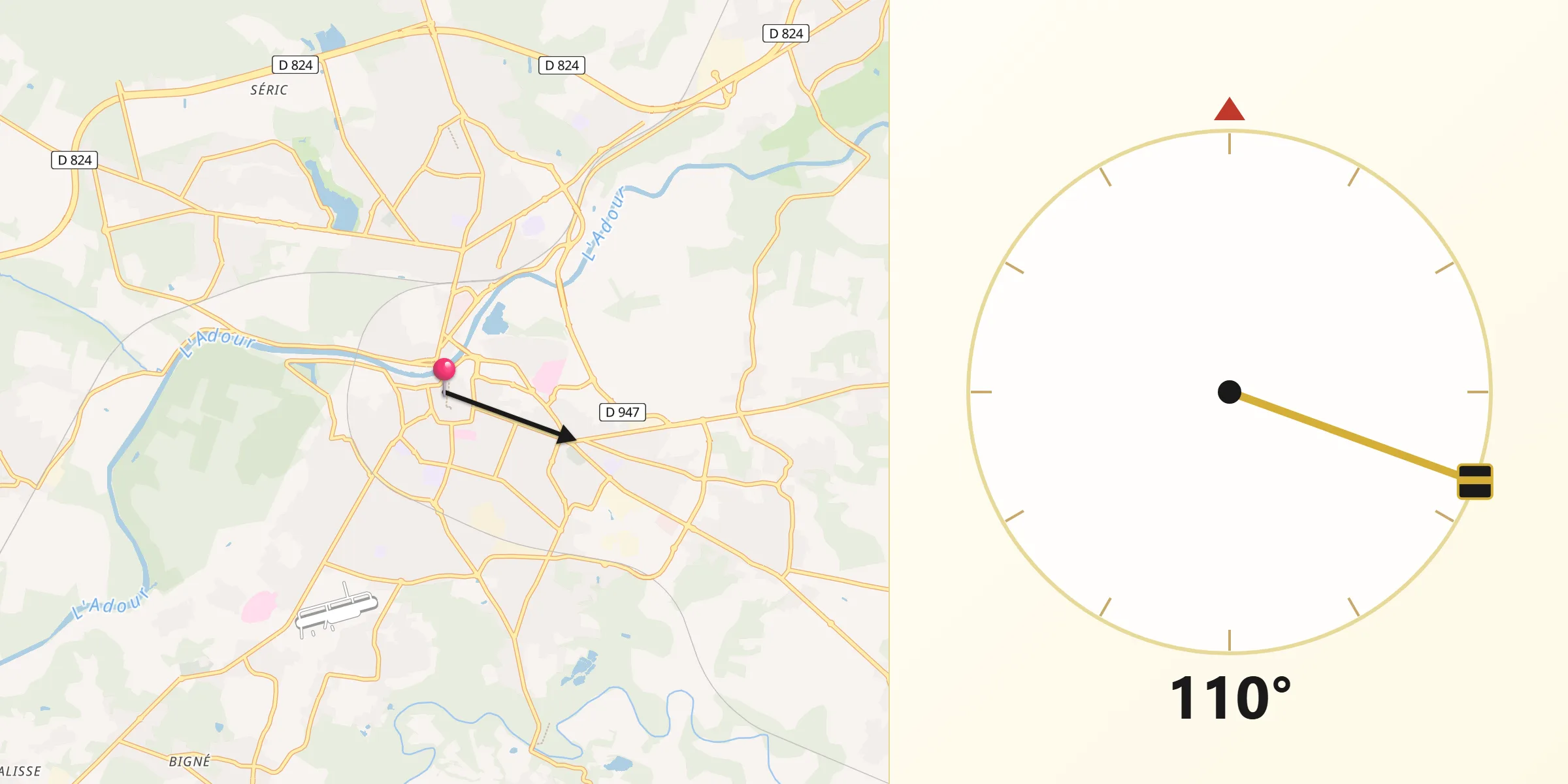 Direction vers la Qibla depuis Dax
