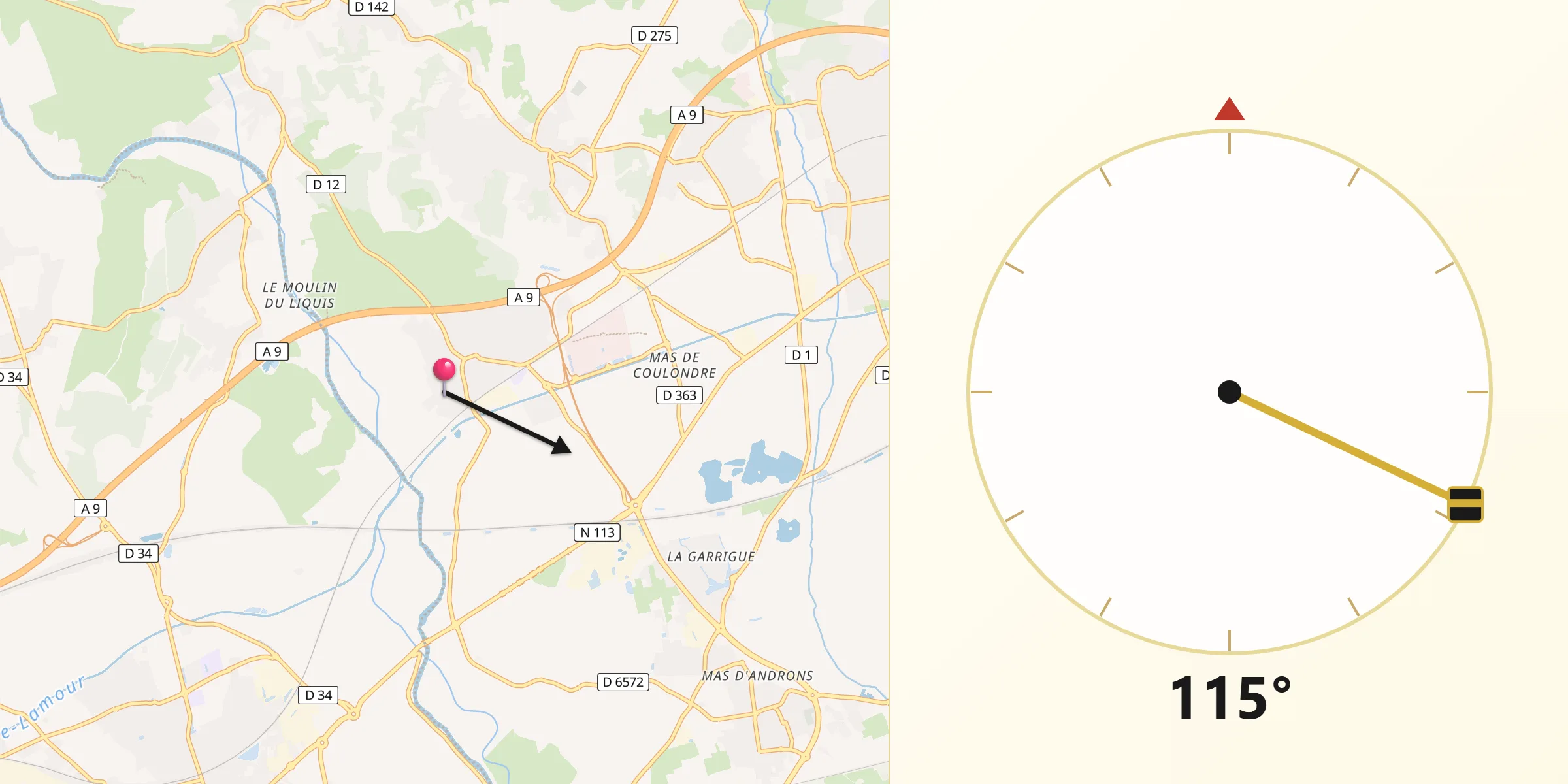 Direction vers la Qibla depuis Gallargues-le-Montueux