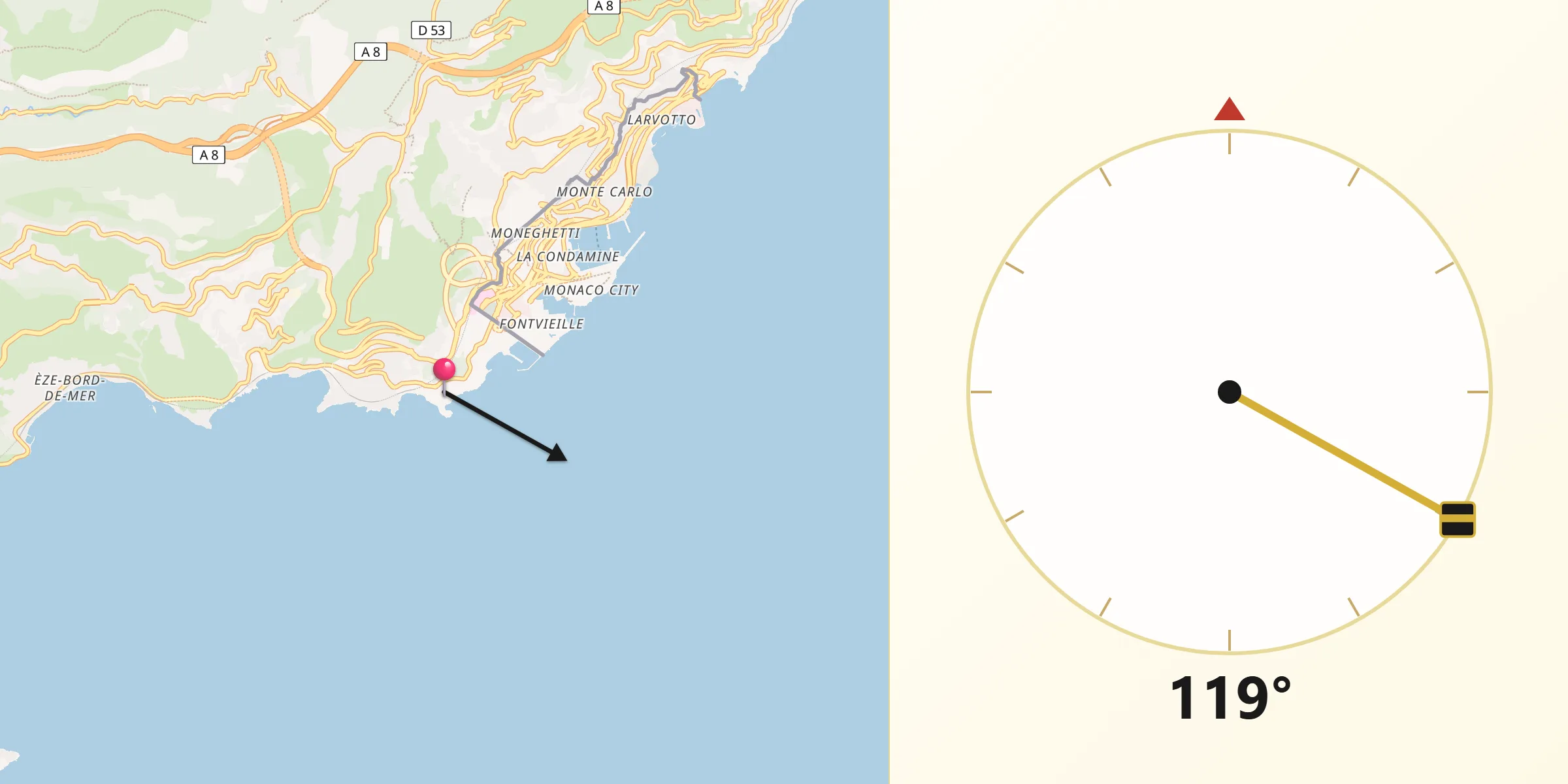 Direction vers la Qibla depuis Cap-d’Ail