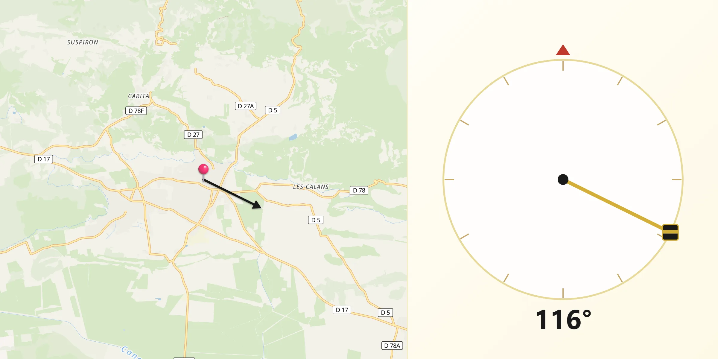 Direction vers la Qibla depuis Maussane-les-Alpilles