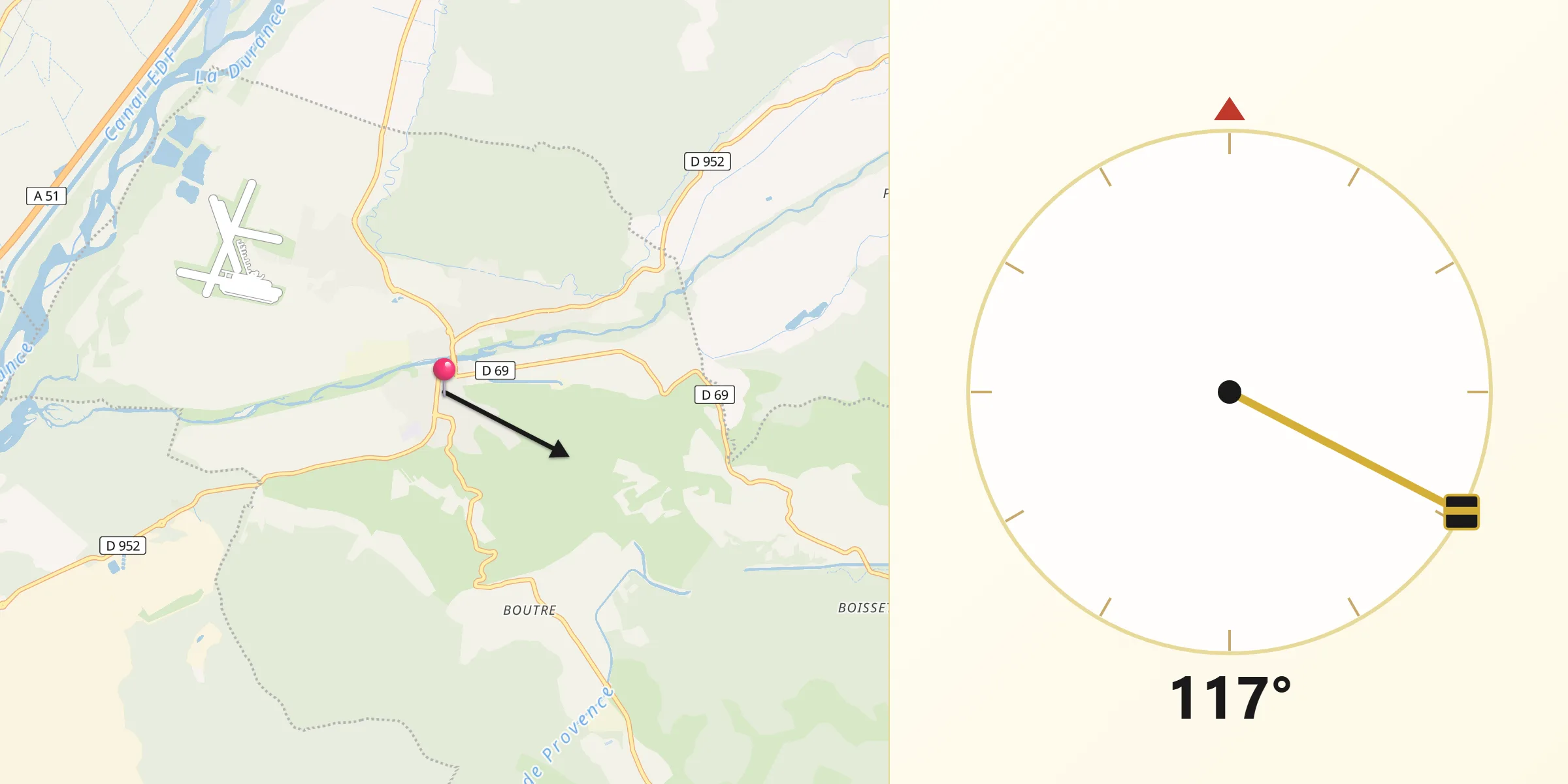 Direction vers la Qibla depuis Vinon-sur-Verdon