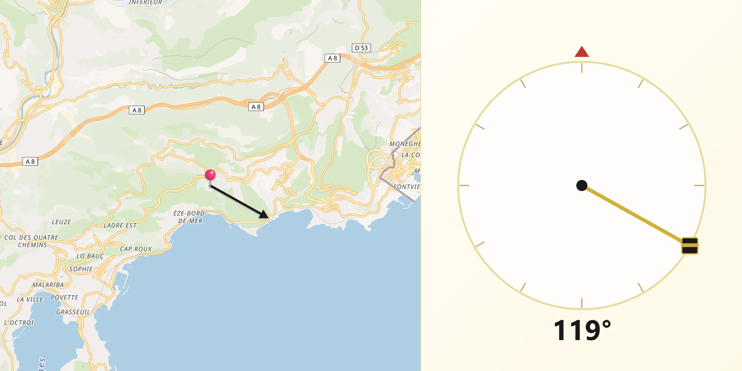 Direction vers la Qibla depuis Èze