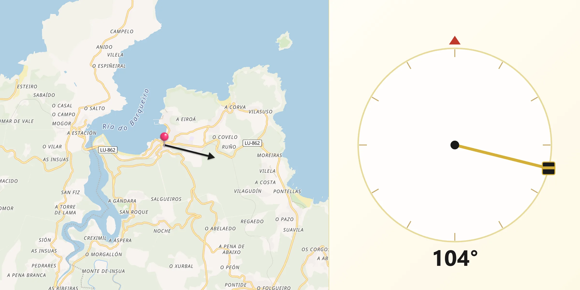Dirección de la Qibla desde Vicedo O