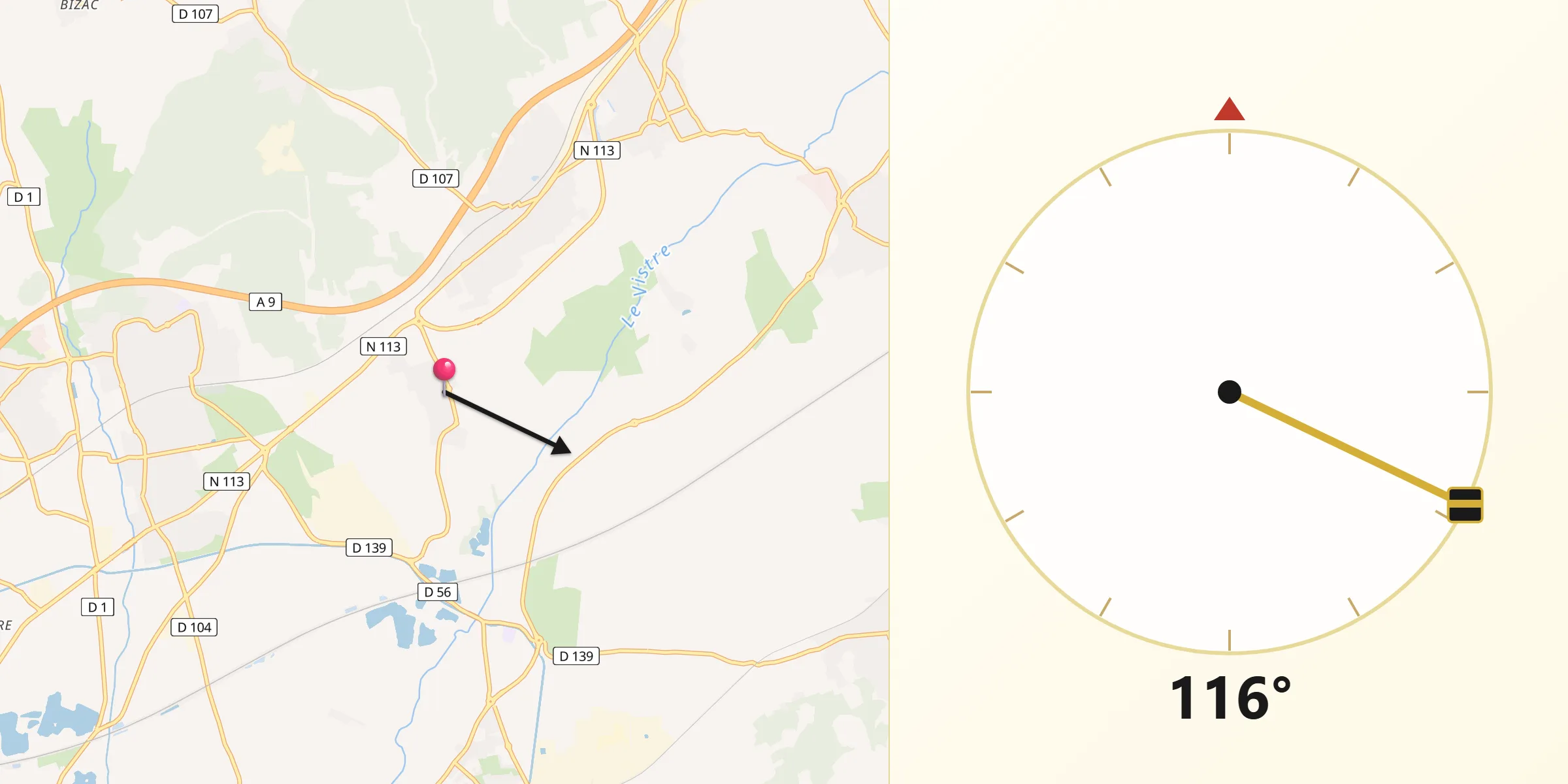 Direction vers la Qibla depuis Vestric-et-Candiac