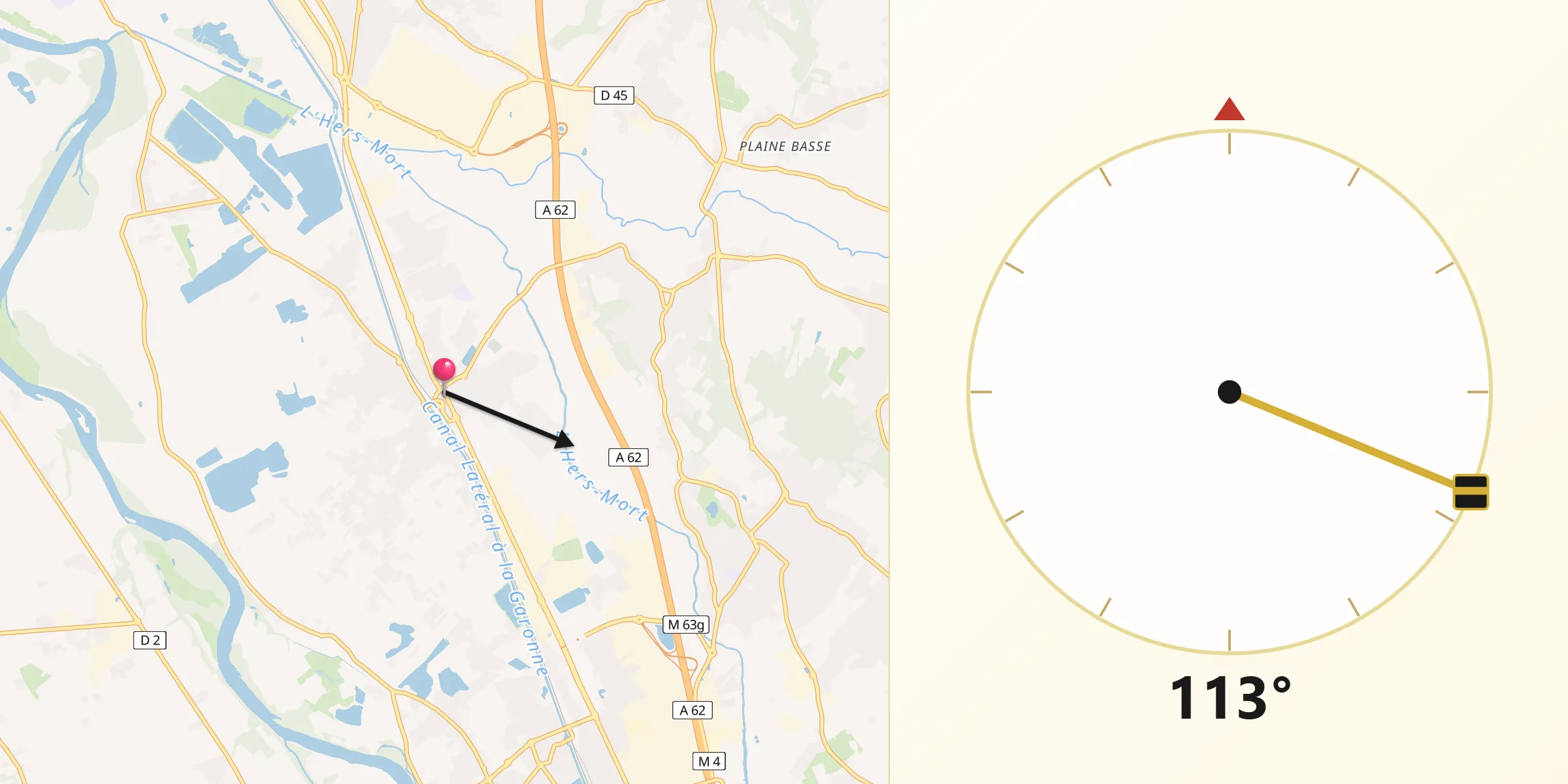 Direction vers la Qibla depuis Saint-Jory