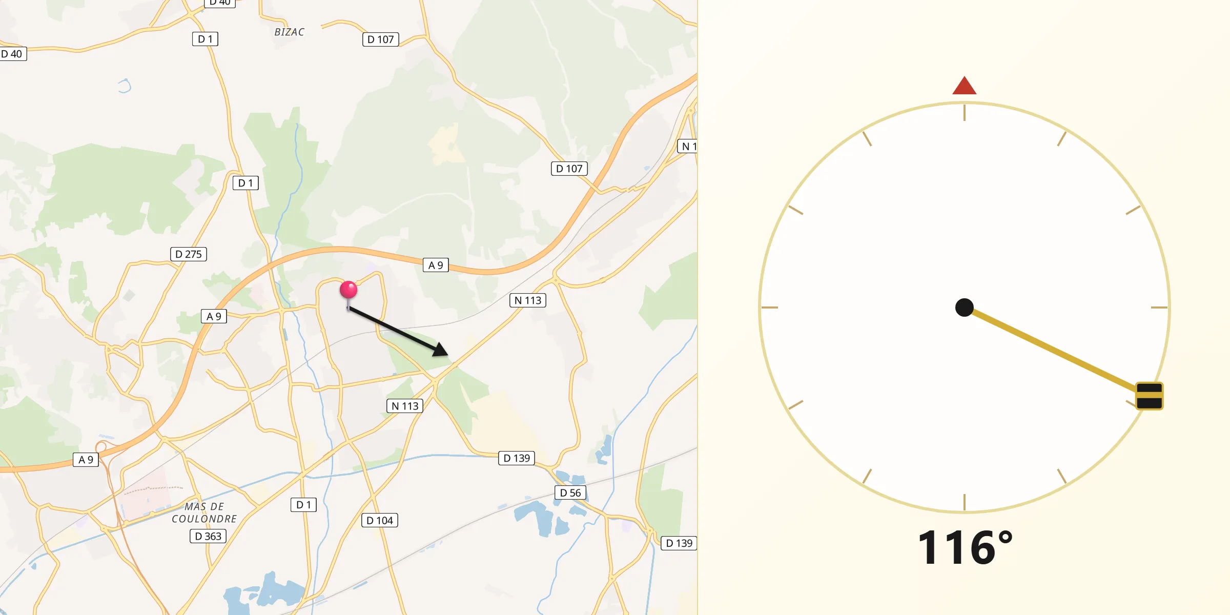 Direction vers la Qibla depuis Vergèze
