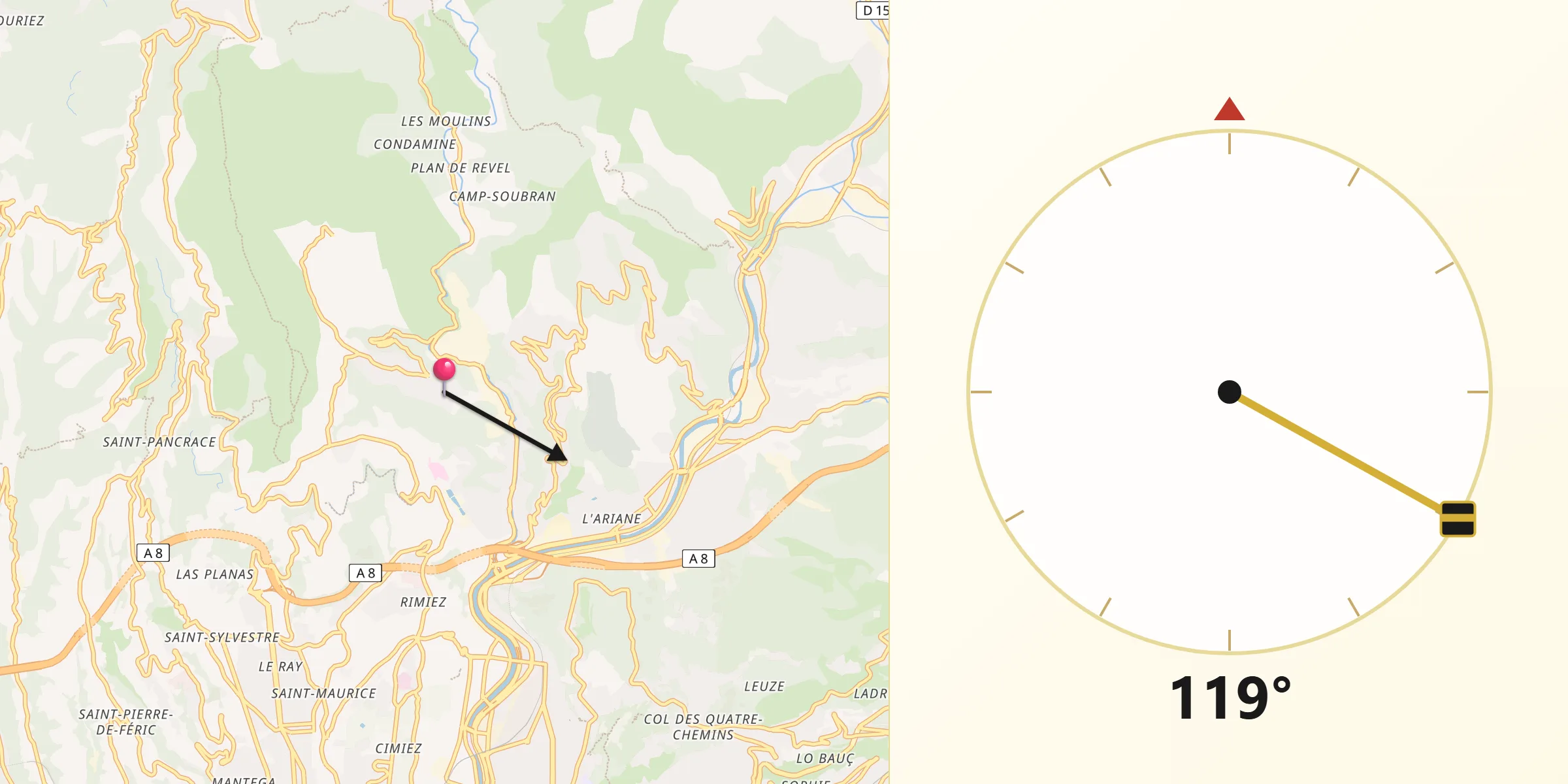 Direction vers la Qibla depuis Falicon