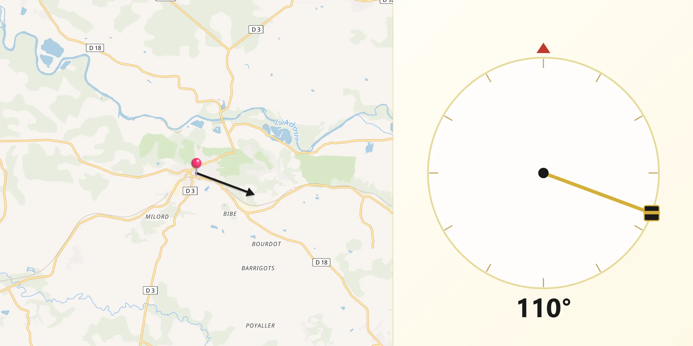 Direction vers la Qibla depuis Mugron