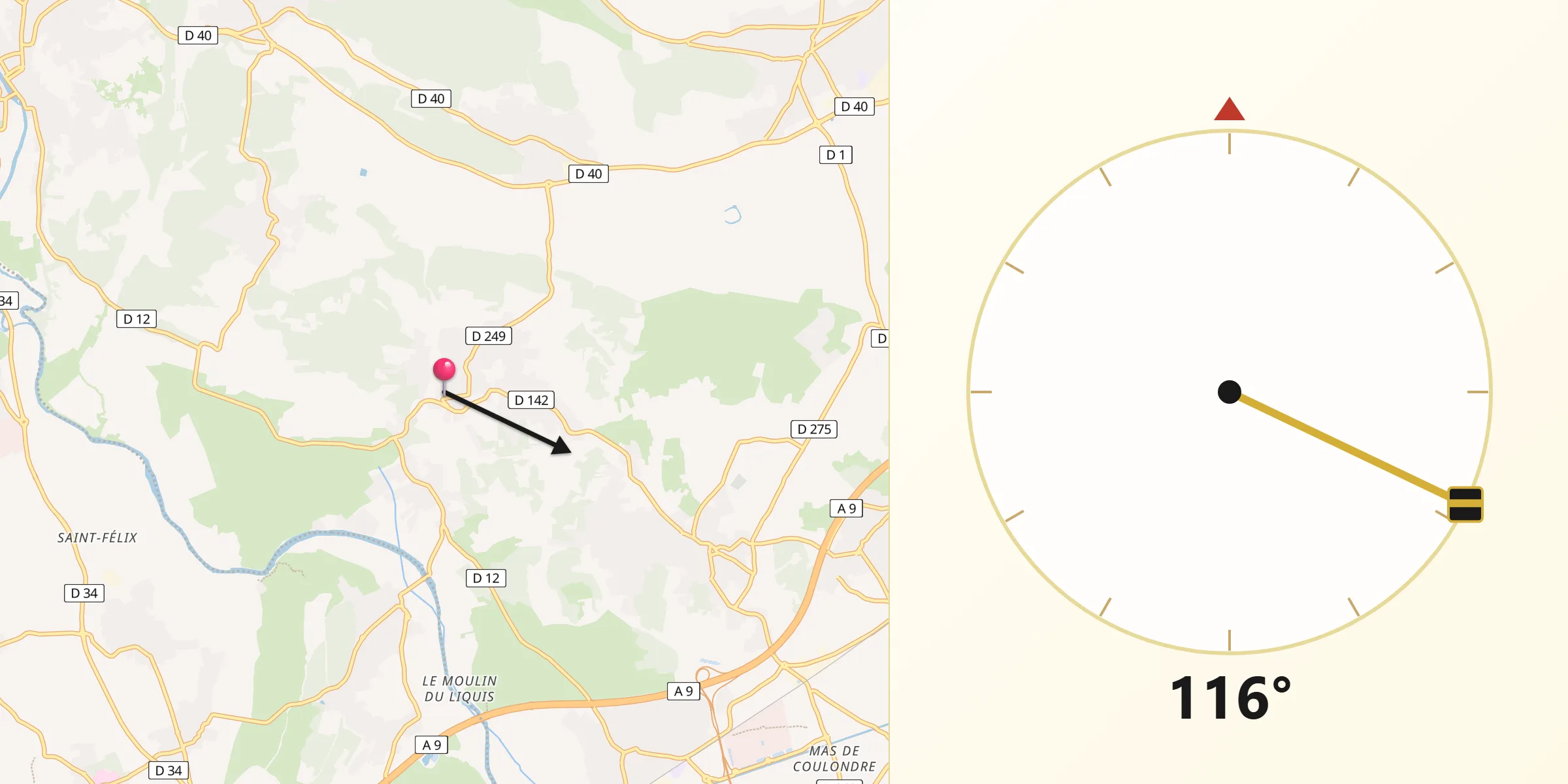 Direction vers la Qibla depuis Aubais