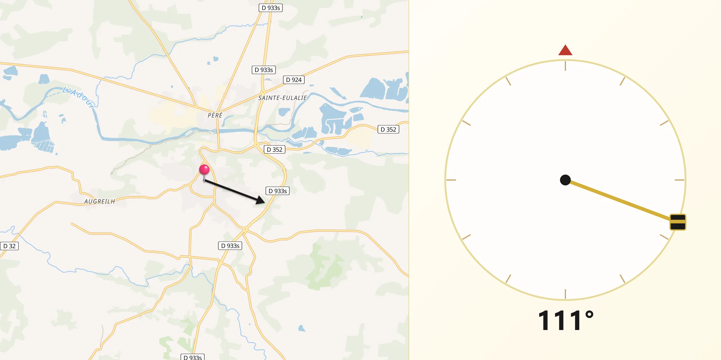 Direction vers la Qibla depuis Saint-Sever