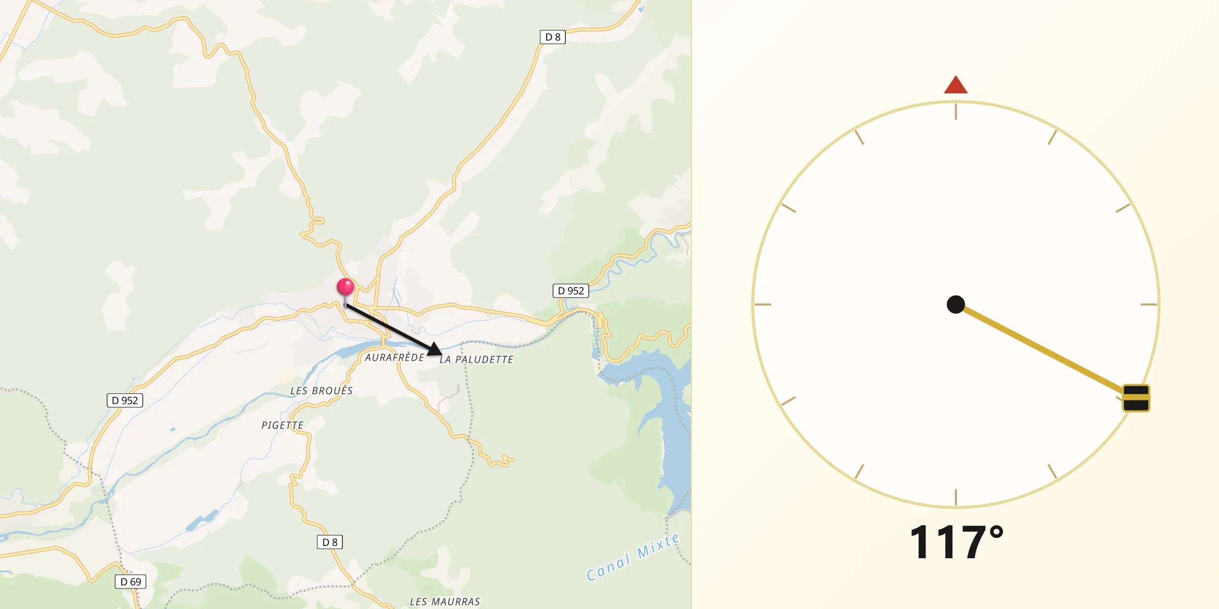 Direction vers la Qibla depuis Gréoux-les-Bains