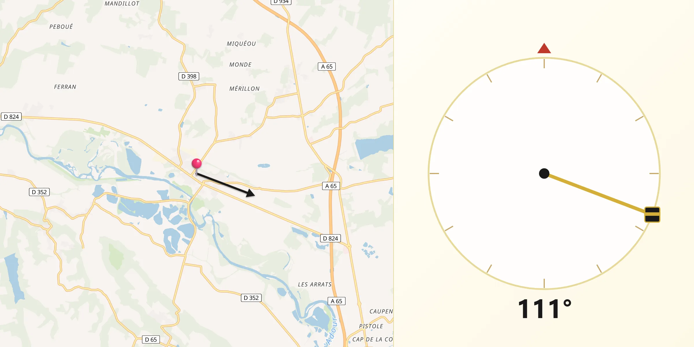 Direction vers la Qibla depuis Cazères-sur-l’Adour