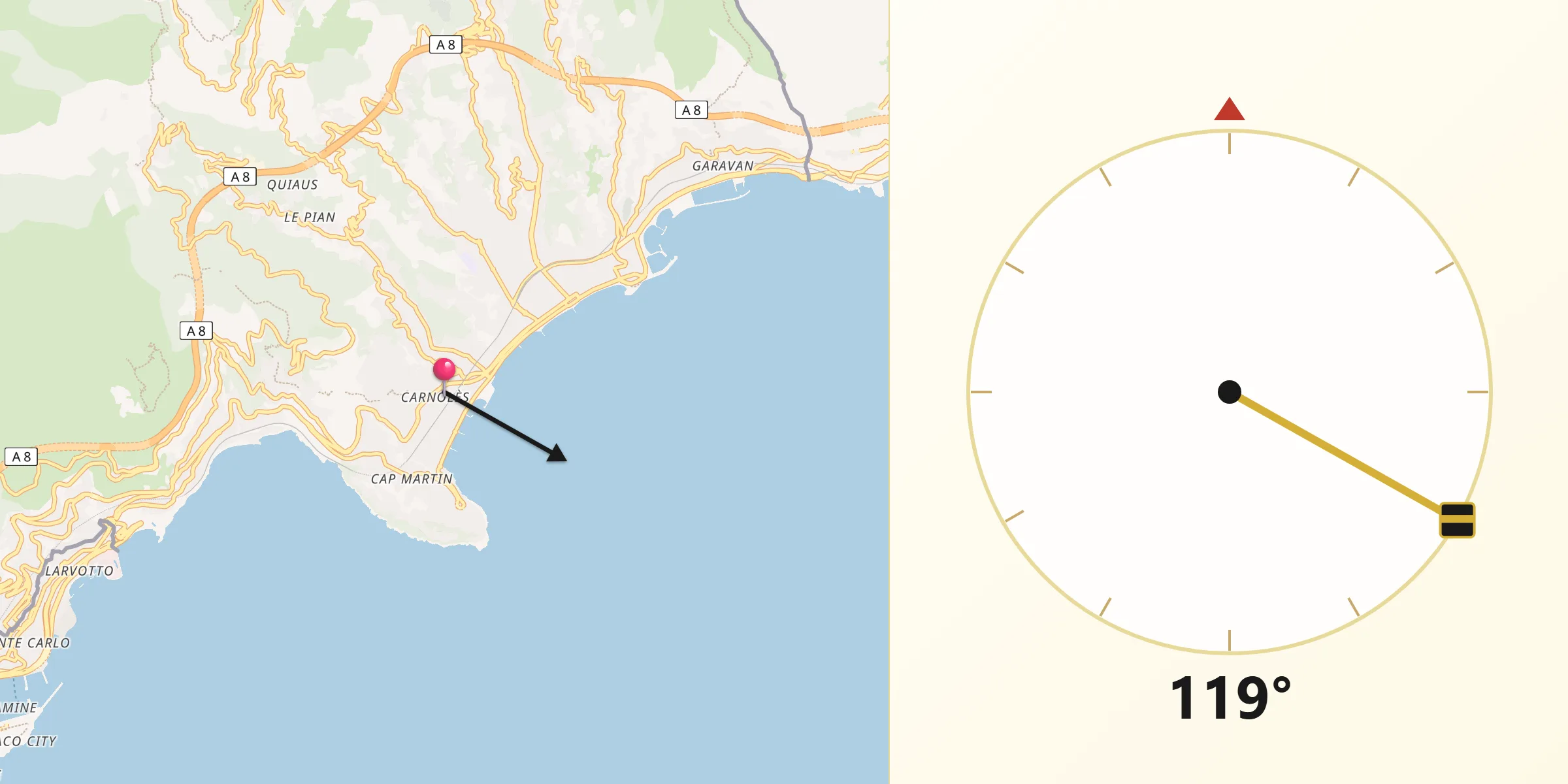 Direction vers la Qibla depuis Roquebrune-Cap-Martin