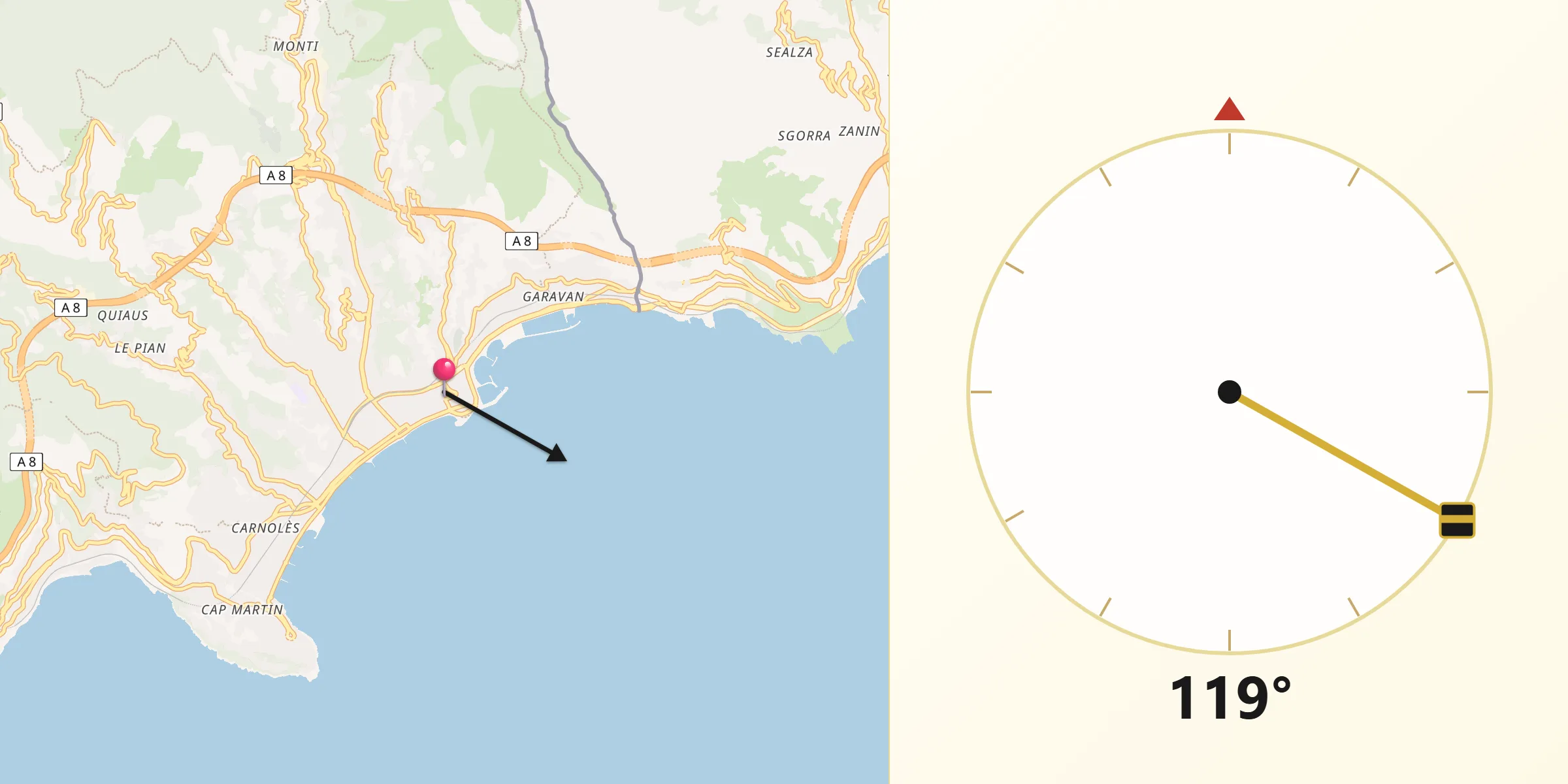 Direction vers la Qibla depuis Menton