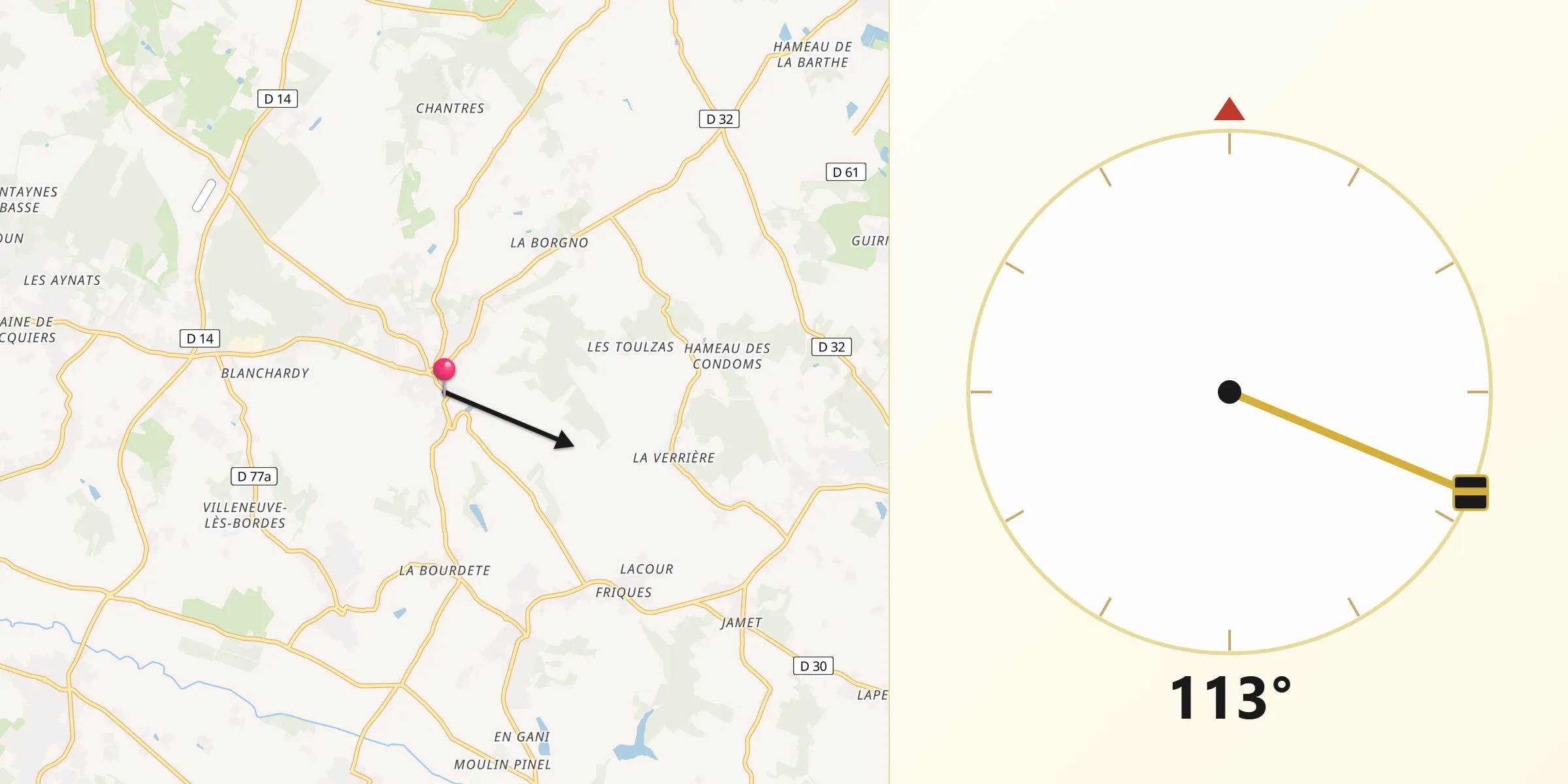 Direction vers la Qibla depuis Vacquiers