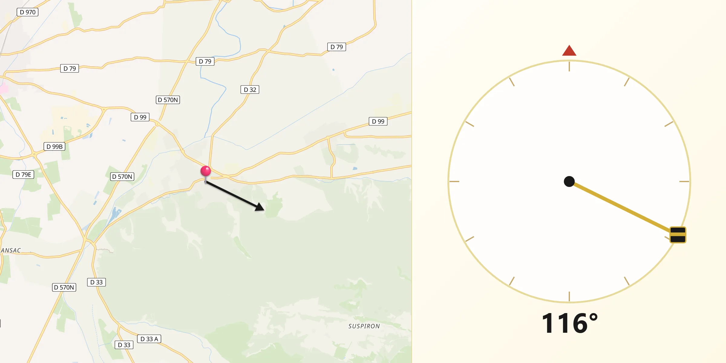 Direction vers la Qibla depuis Saint-Étienne-du-Grès