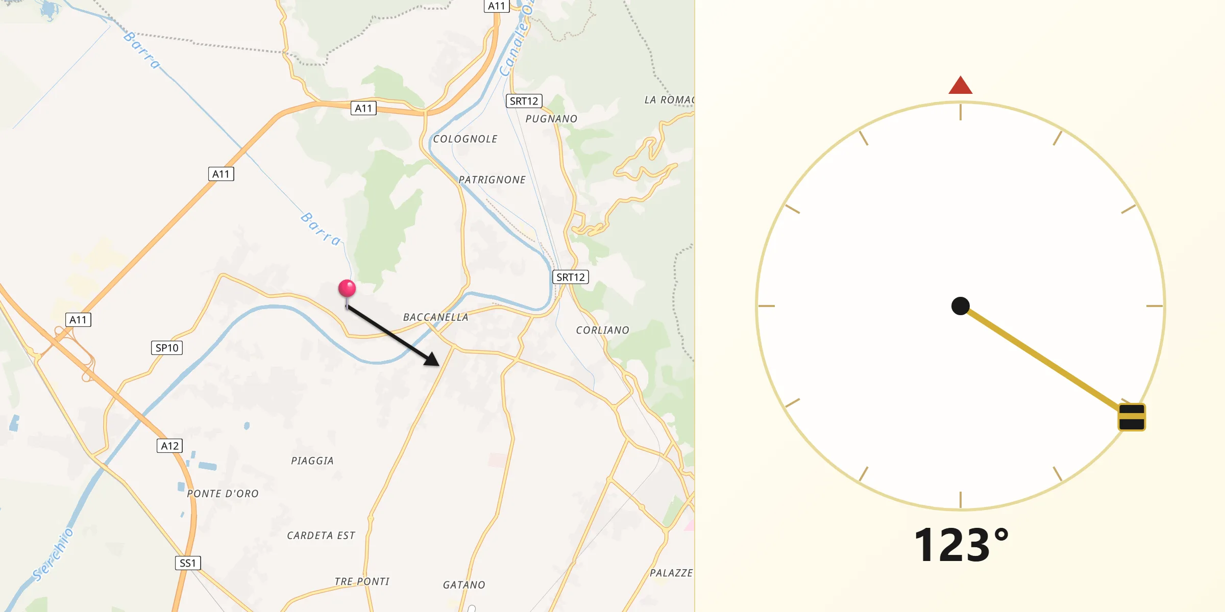 Direzione della Qibla da Vecchiano-Nodica