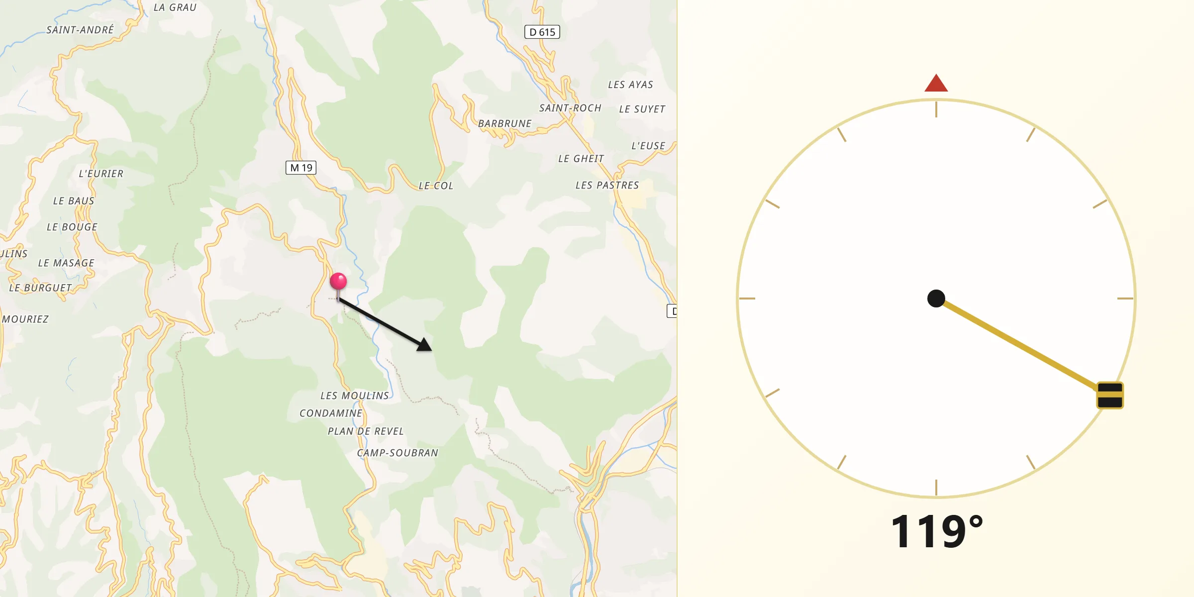 Direction vers la Qibla depuis Tourrette-Levens