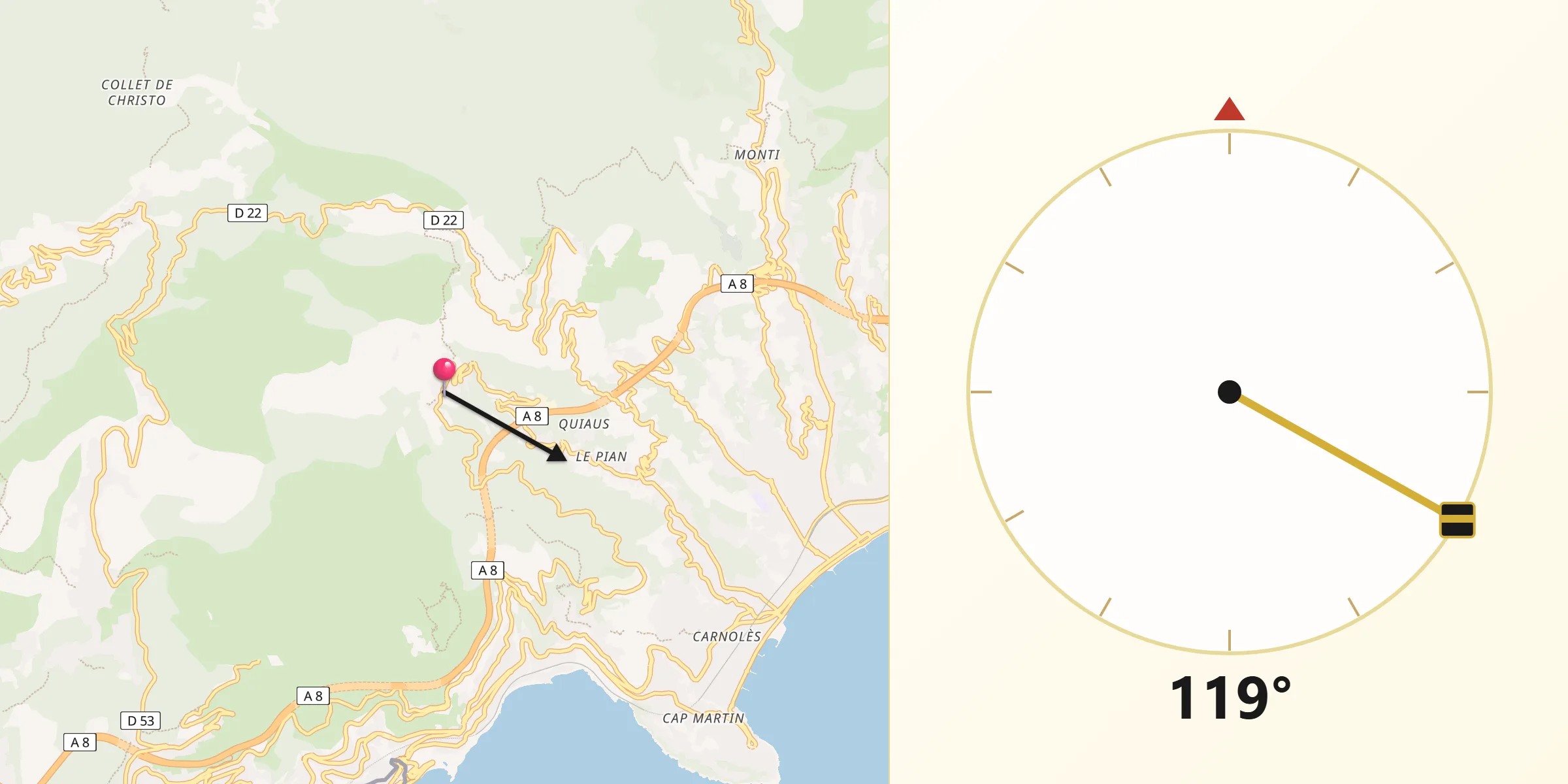 Direction vers la Qibla depuis Gorbio
