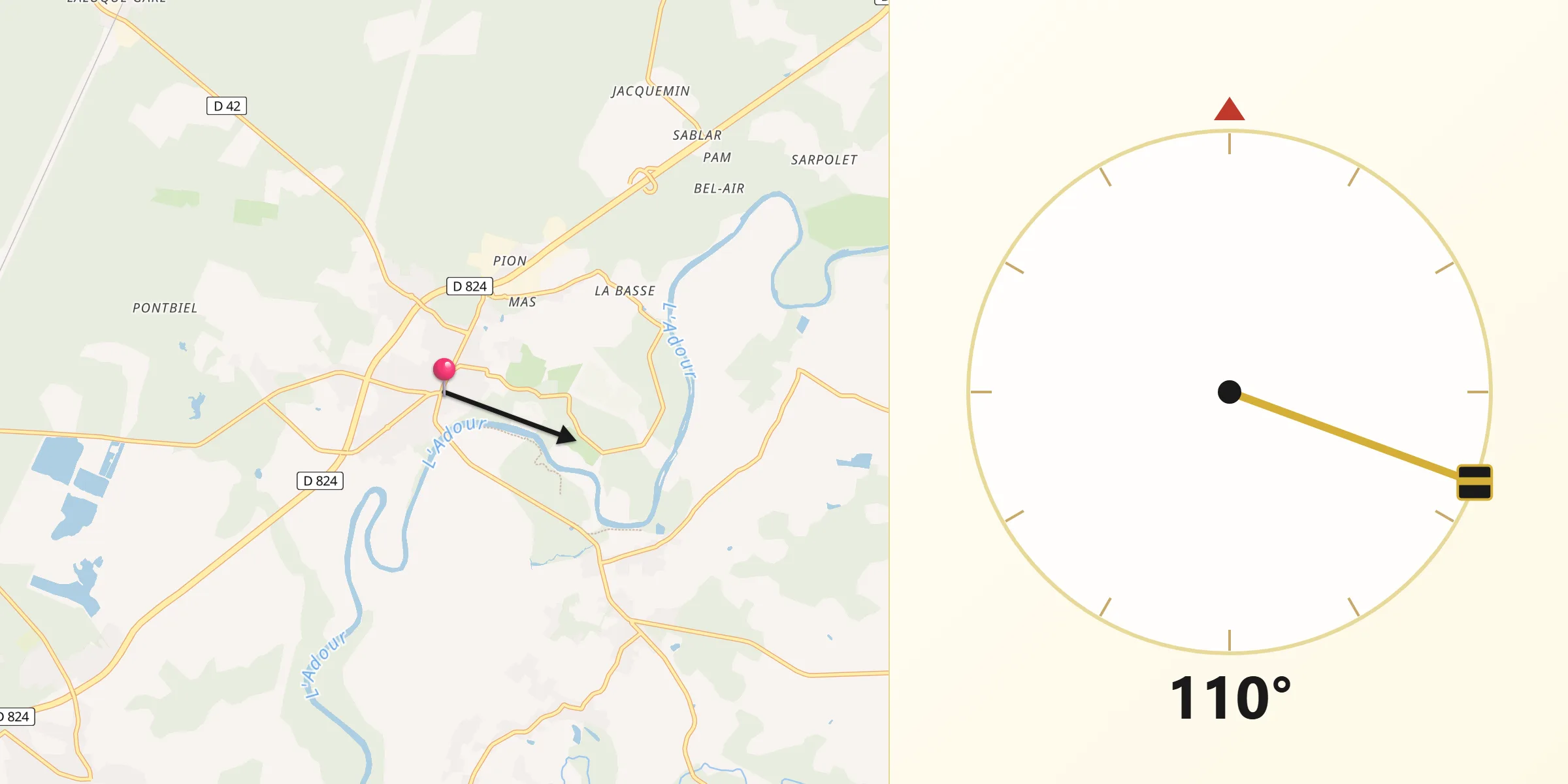 Direction vers la Qibla depuis Pontonx-sur-l'Adour